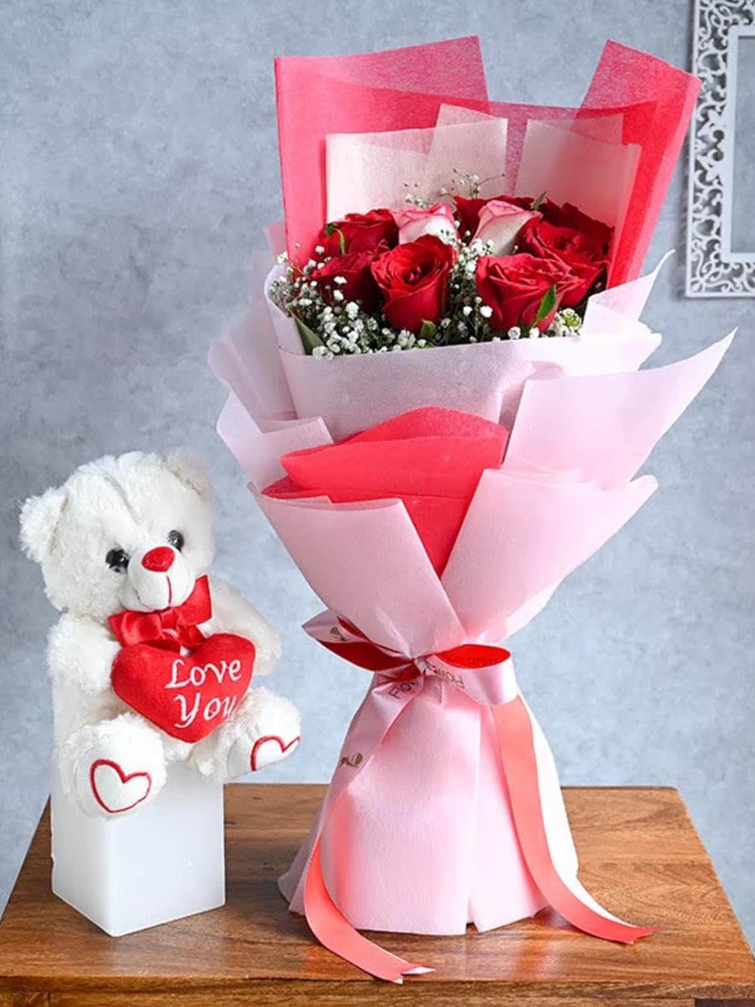 

Floweraura Fresh Live Red & Pink 11 Pieces Roses Flower Bouquet With Teddy