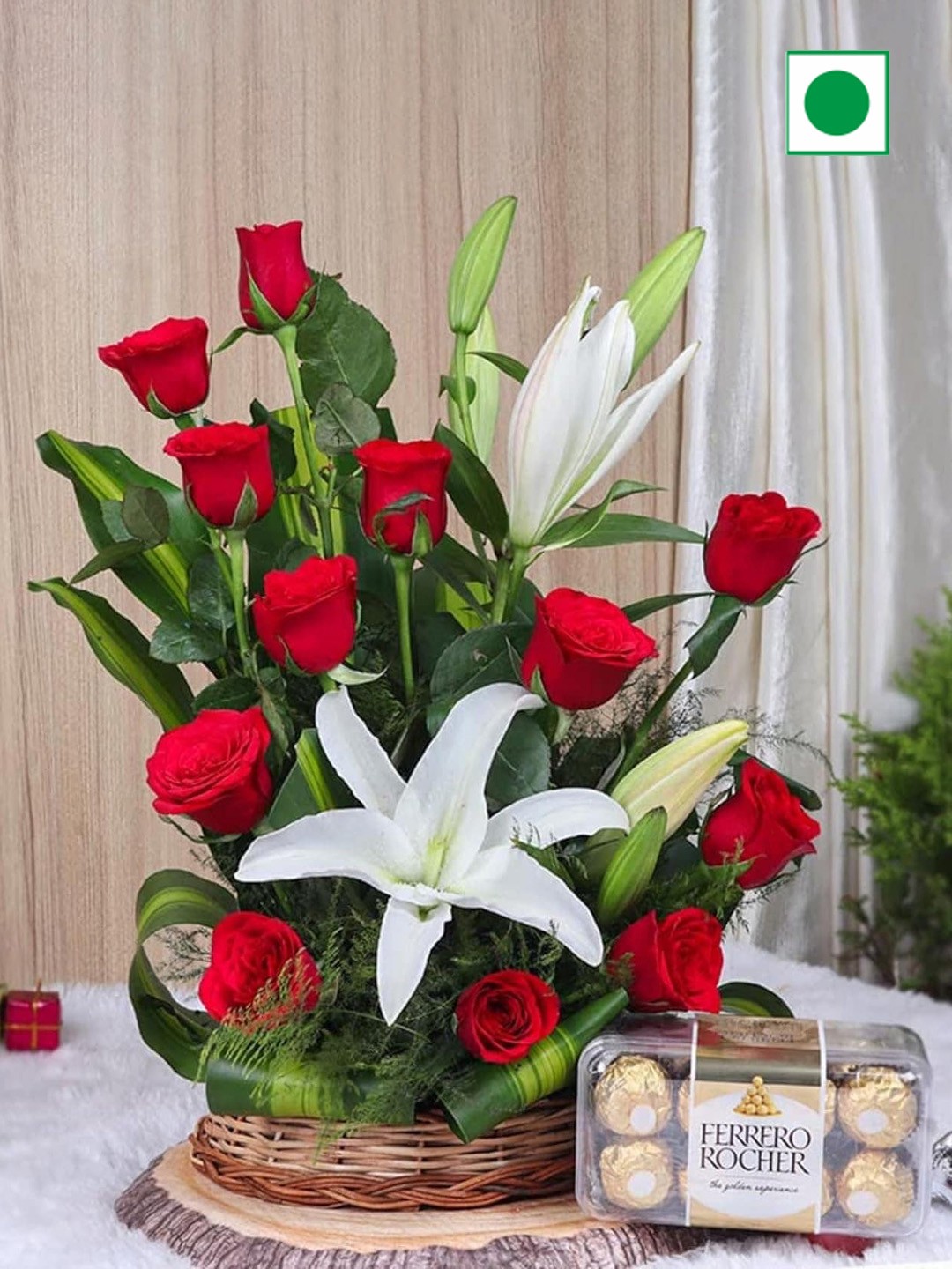 

Floweraura 12 Red Roses & 2 White Lily Flowers Bouquet With 16 Chocolates