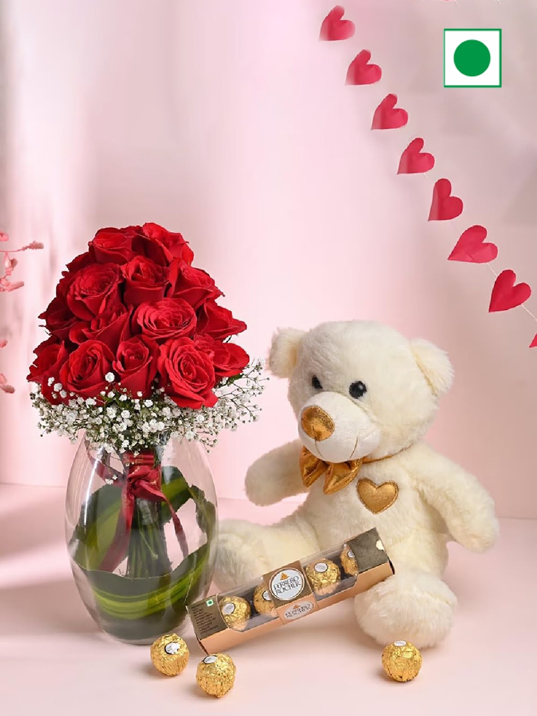 

Floweraura 20 Red Rose Flower Bouquet In Glass Vase With Chocolate & Teddy
