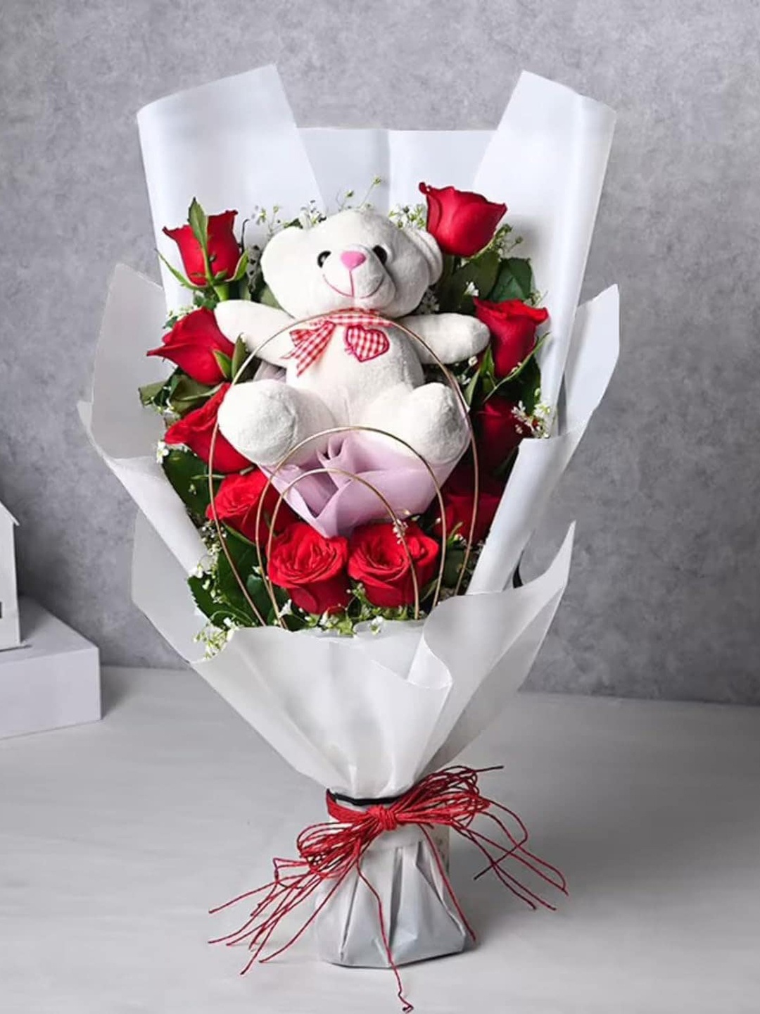 

Floweraura Red 11 Pieces Fresh Live Roses With Teddy