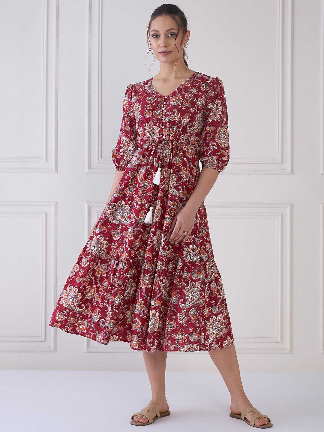 

MEDLEY BY ANTHEAA Floral Print Puff Sleeve A-Line Midi Dress, Red