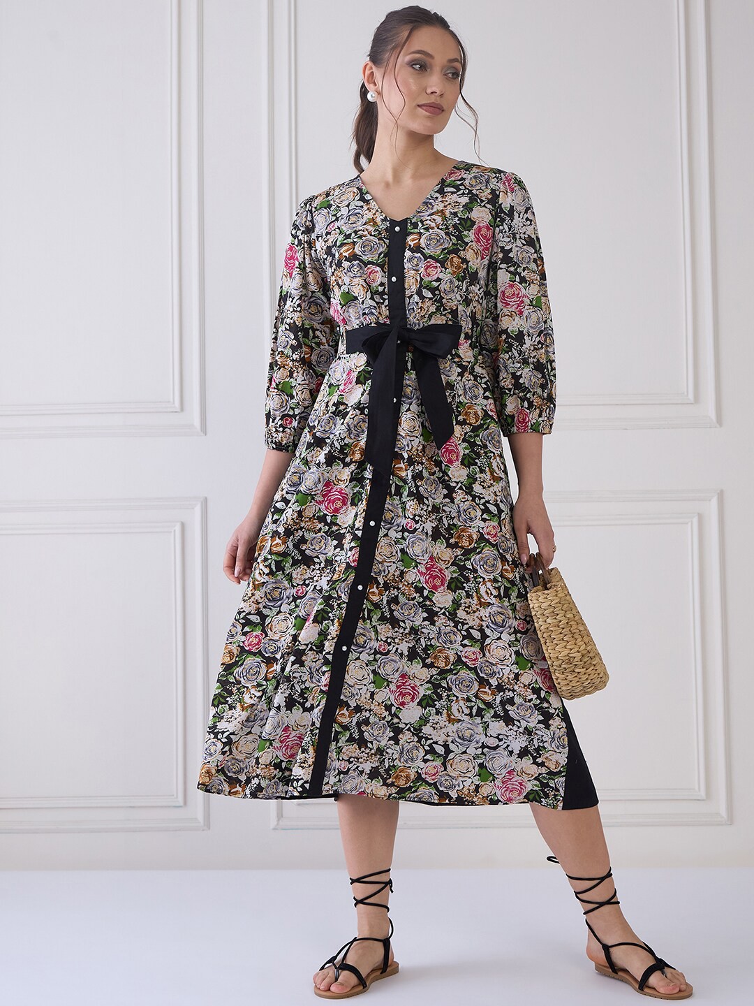 

MEDLEY BY ANTHEAA Floral Print Tie-Up Neck Puff Sleeve A-Line Midi Dress, Black