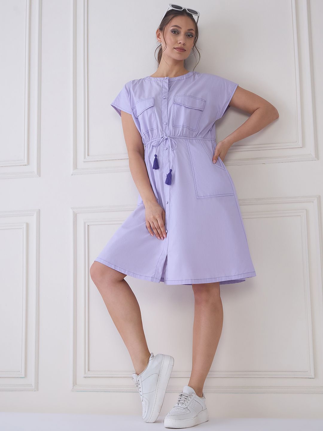 

MEDLEY BY ANTHEAA Round Neck Cap Sleeves Shirt dress, Lavender