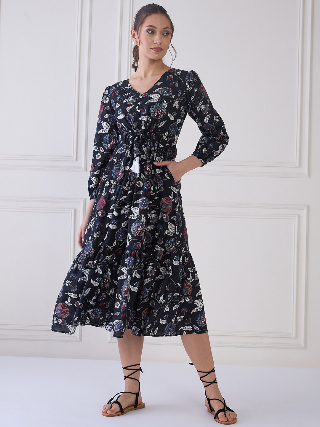 

MEDLEY BY ANTHEAA Floral Print Fit & Flare Midi Dress, Black