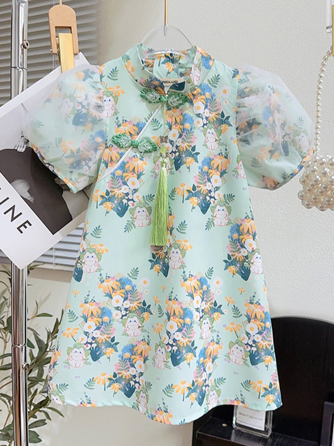 

INCLUD Floral Print Puff Sleeve A-Line Dress, Green