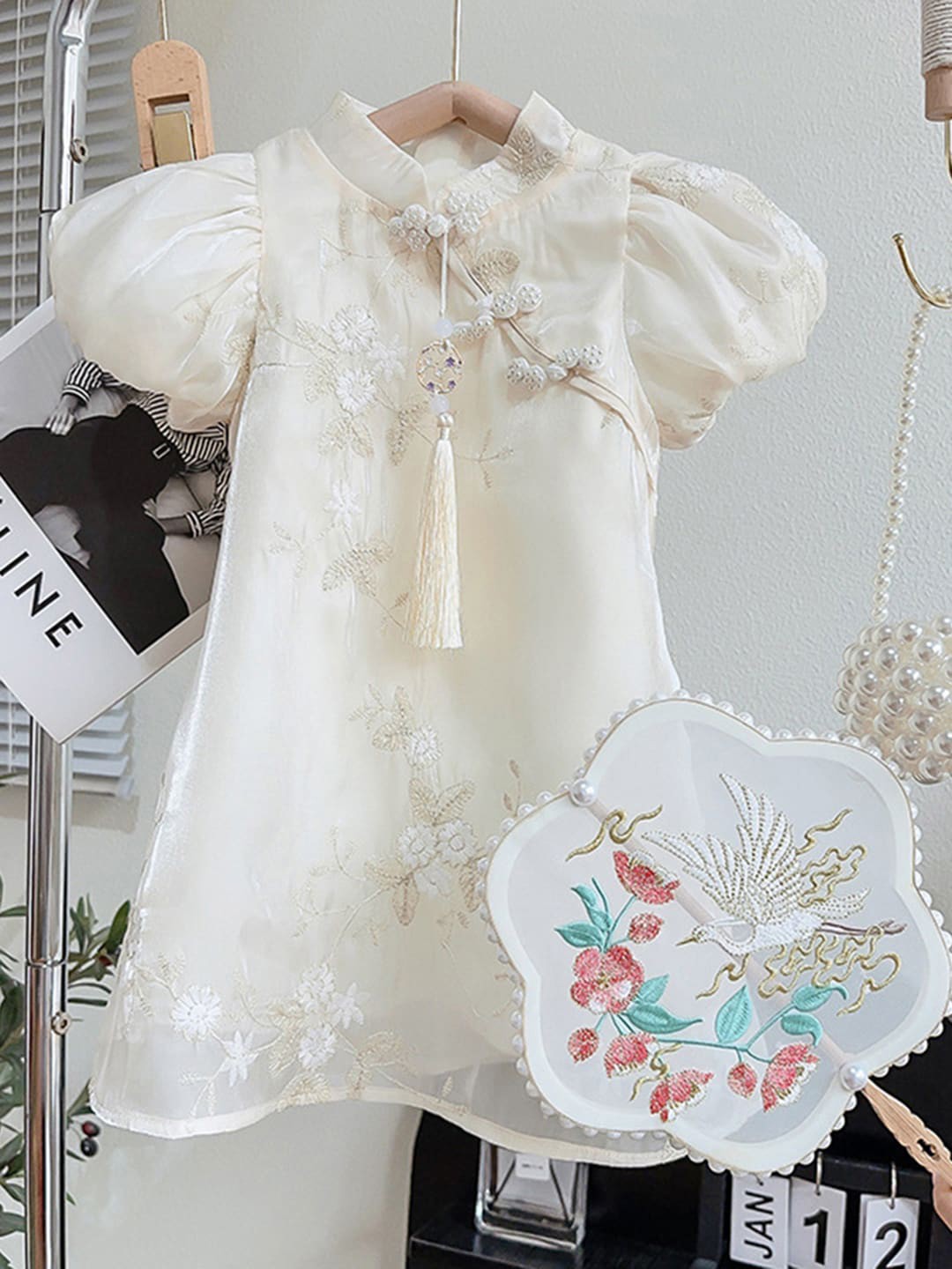 

INCLUD Floral Print Puff Sleeve A-Line Midi Dress, Off white