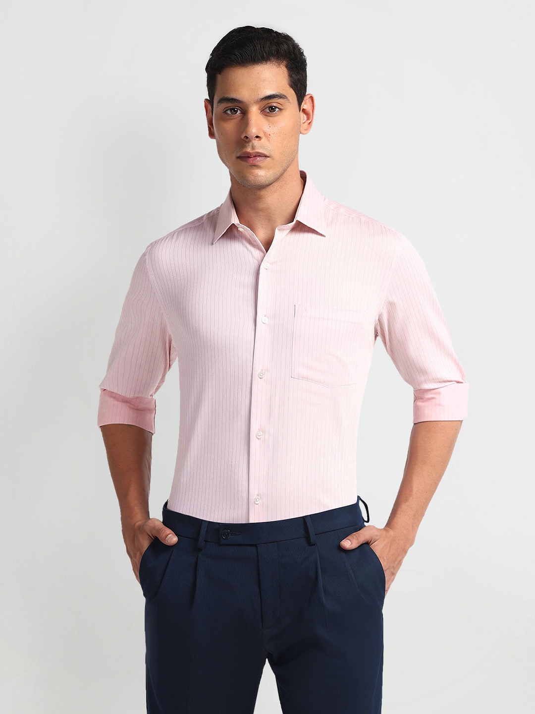 

Arrow Men Opaque Formal Vertical Stripe Pure Cotton Shirt, Pink