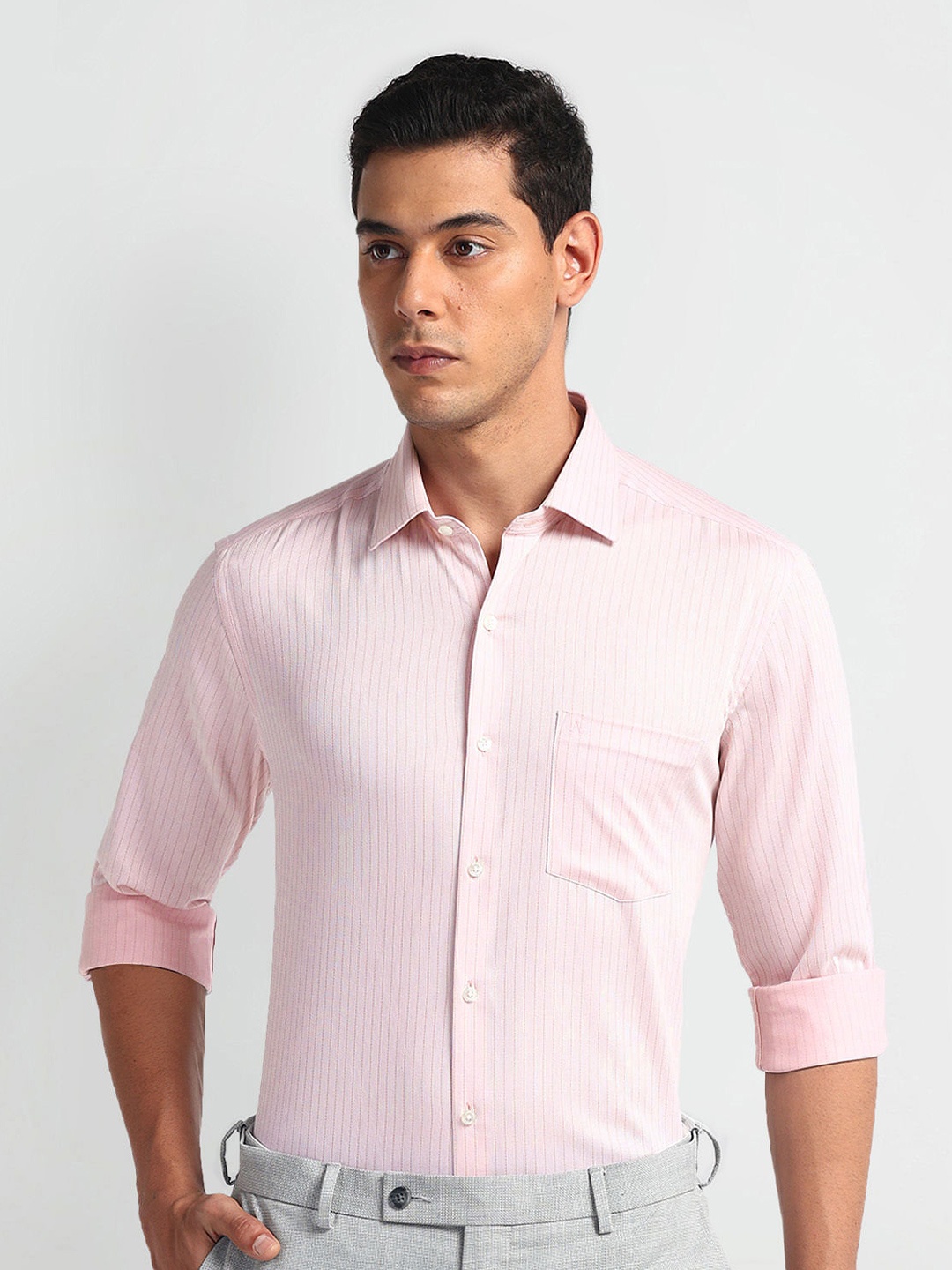 

Arrow Men Slim Fit Opaque Striped Formal Shirt, Pink