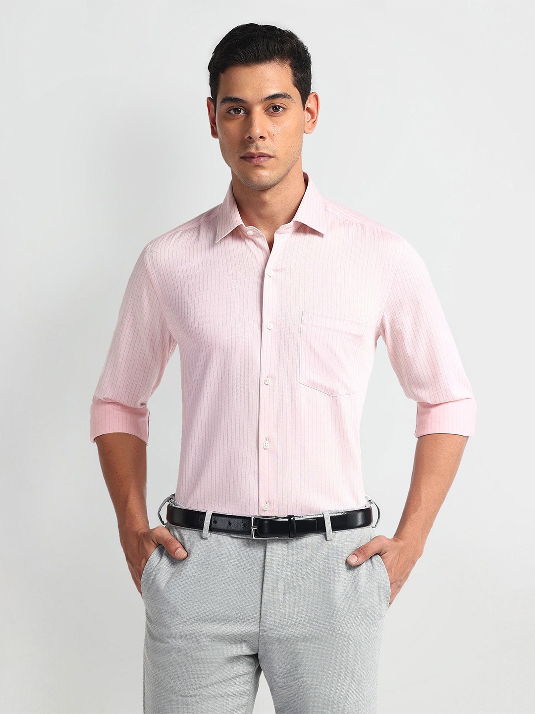 

Arrow Men Slim Fit Opaque Striped Formal Shirt, Pink