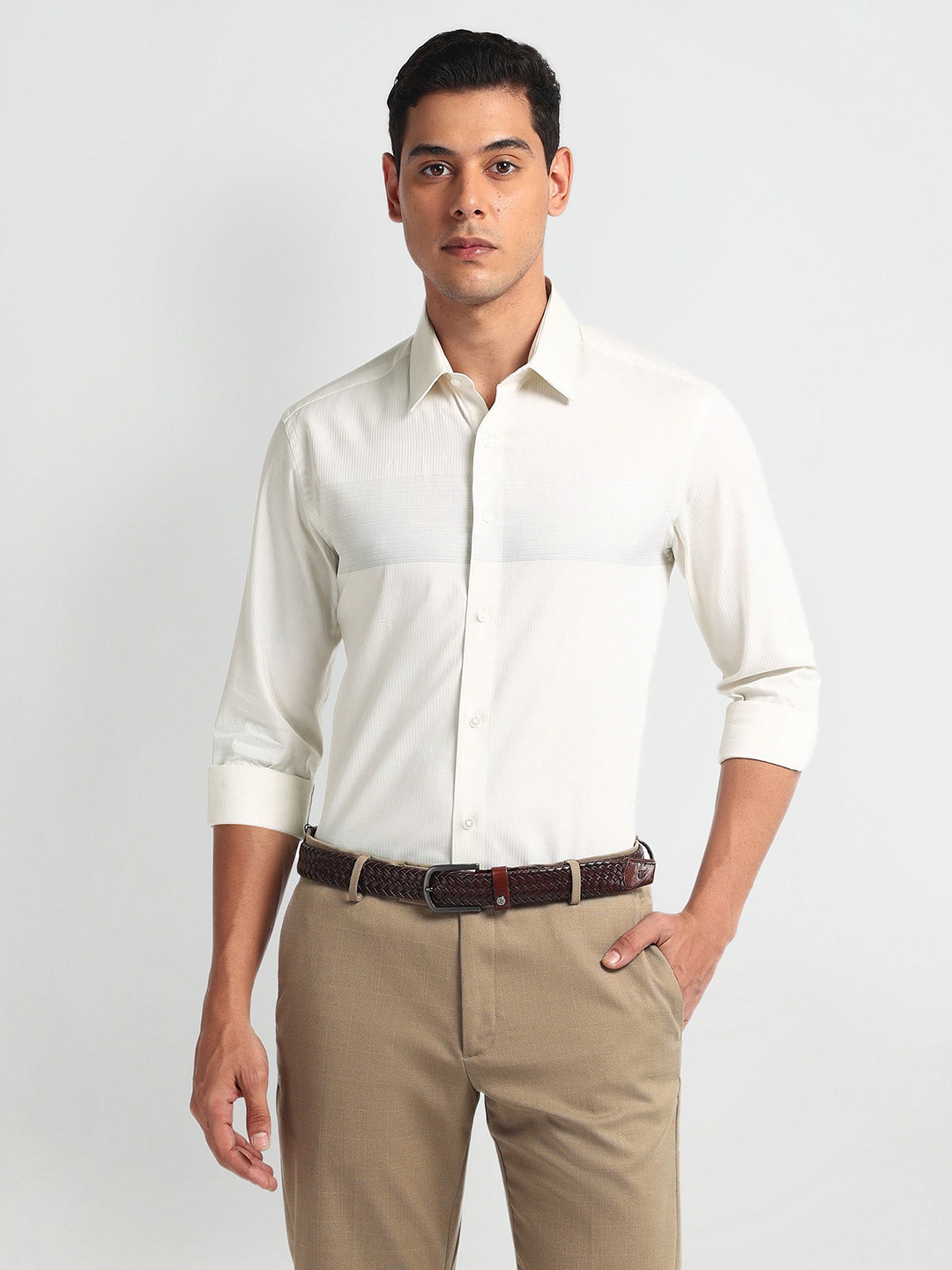 Arrow New York Men Slim Fit Opaque Vertical Stripe Slim Fit Formal Shirt, White