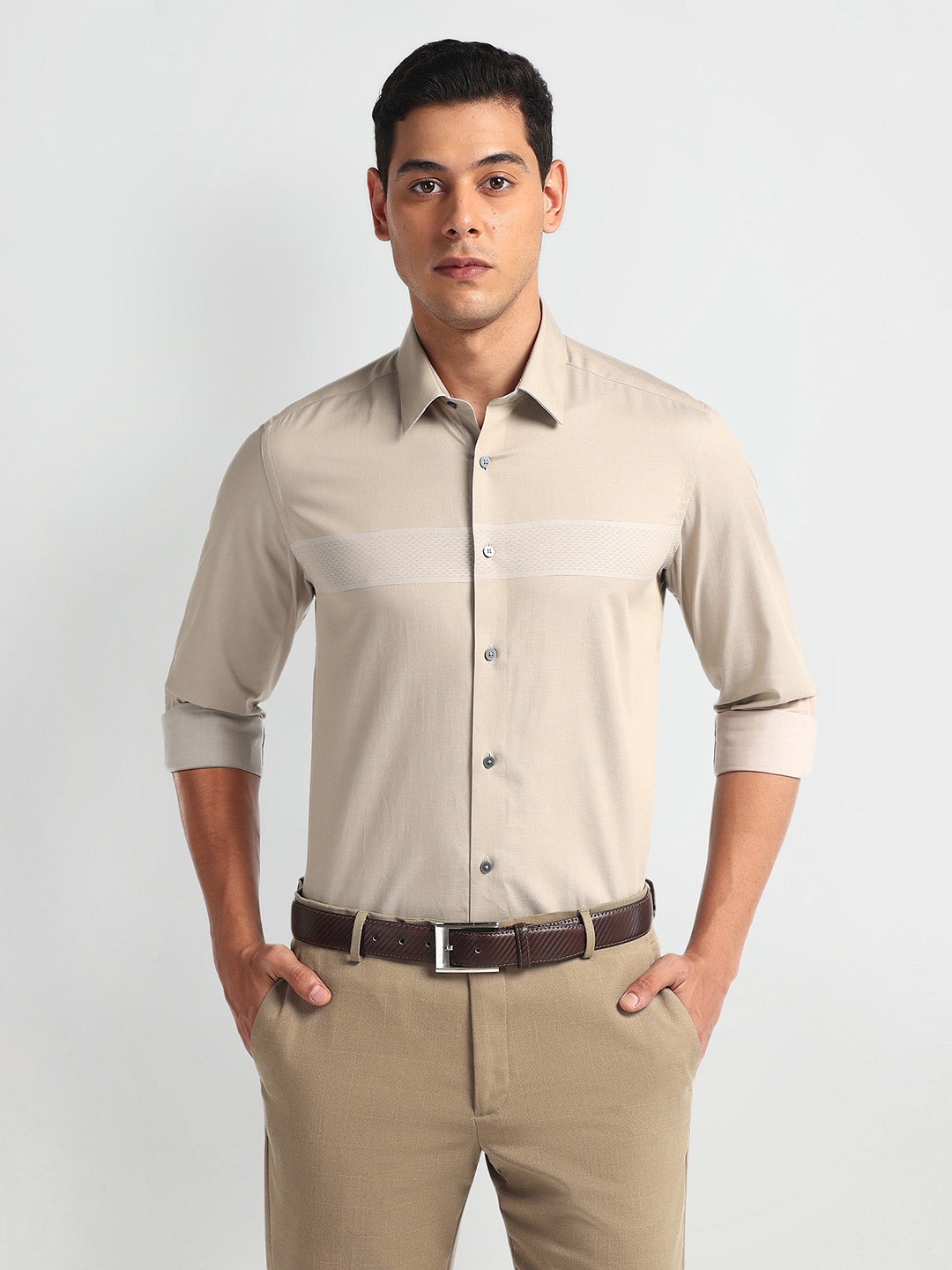 

Arrow New York Men Horizontal Stripe Slim Fit Opaque Formal Cotton Shirt, Beige
