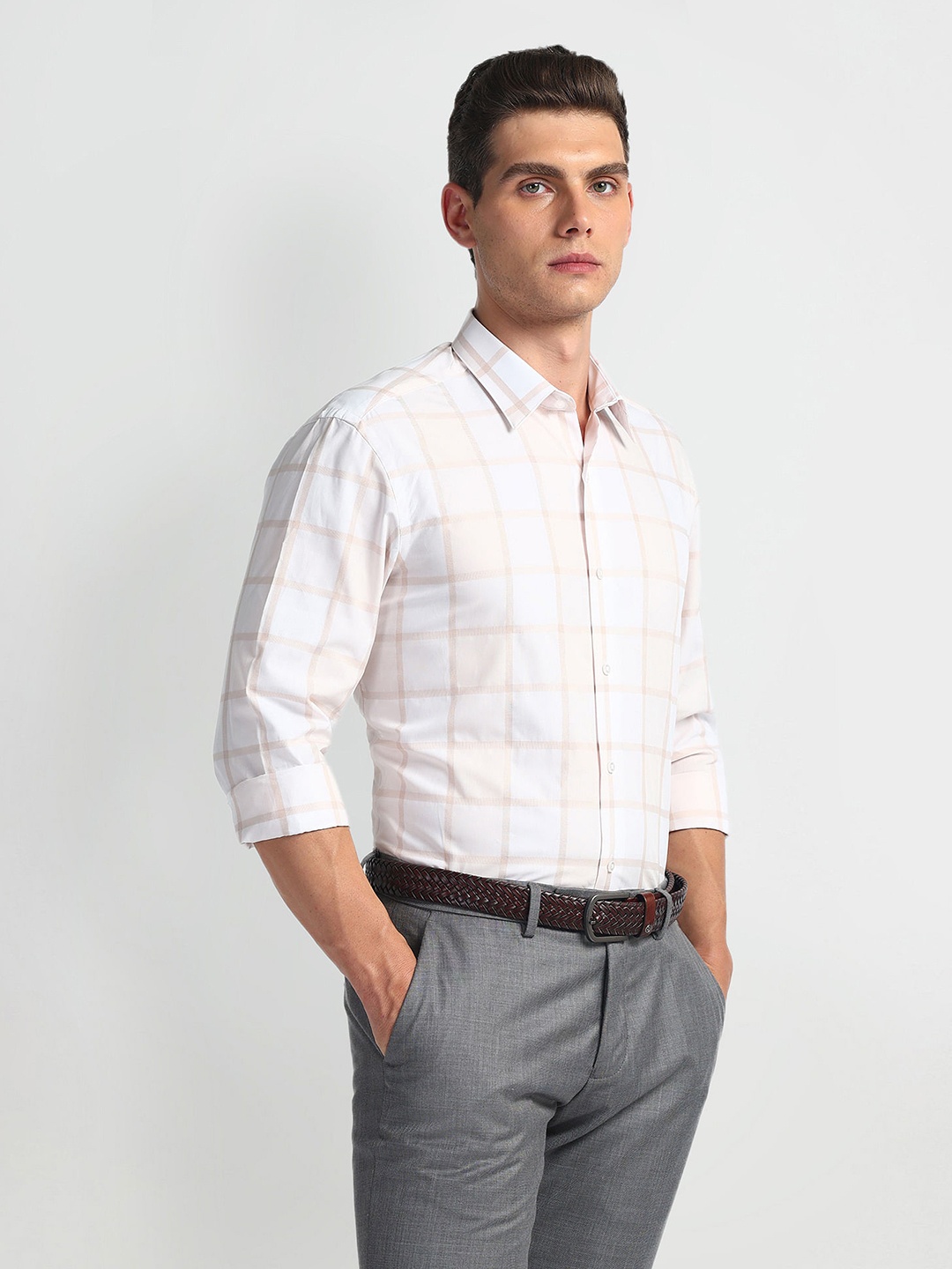 Arrow New York Men Slim Fit Opaque Checked Formal Shirt, Beige