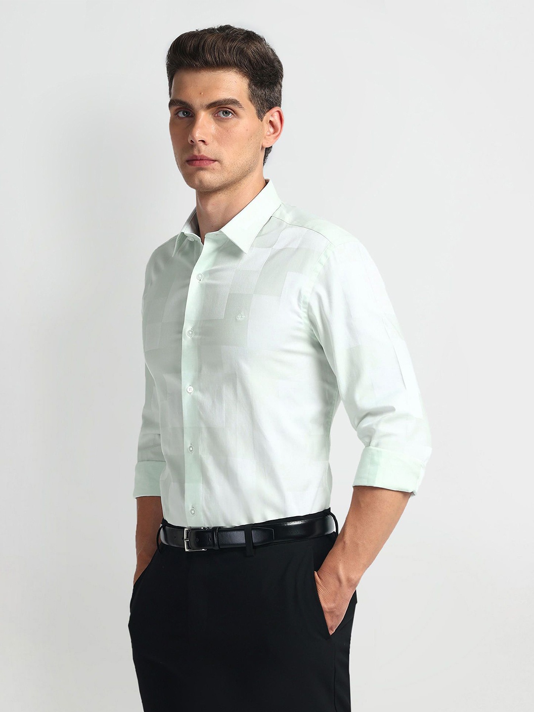 Arrow New York Men Slim Fit Opaque Striped Formal cotton Shirt, Green
