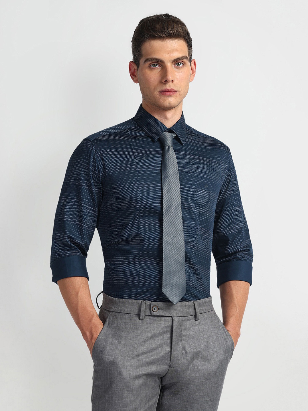 

Arrow New York Men Slim Fit Horizontal Stripes Opaque Striped Formal Shirt, Blue