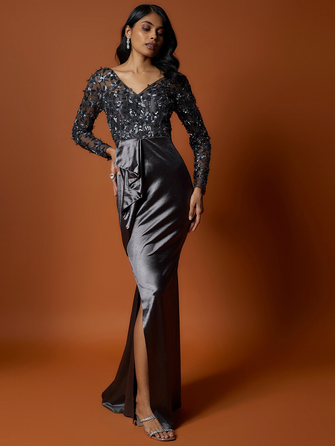 

Mehak Murpana Embroidered V-neck Satin Gown Dress, Grey