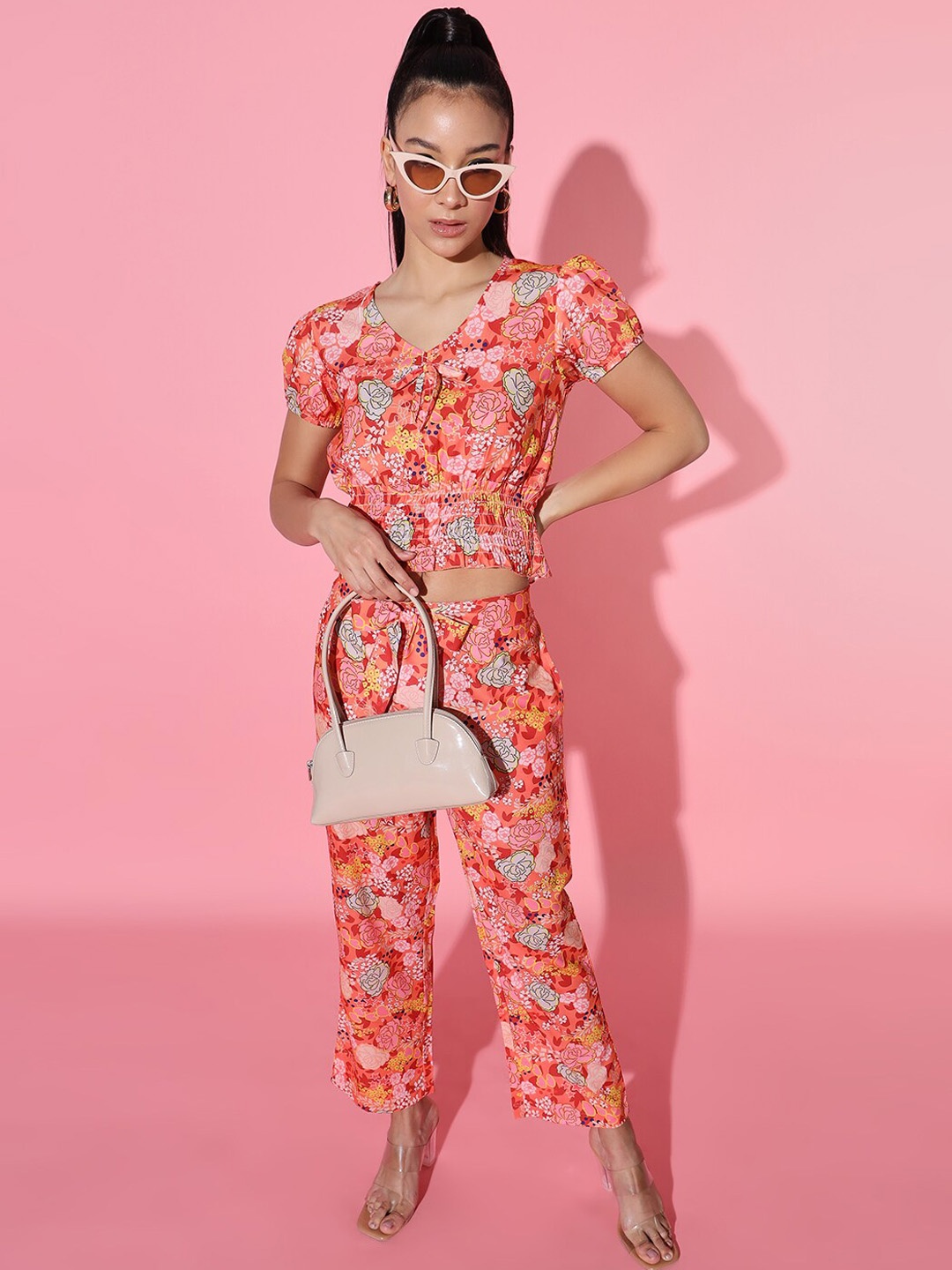 

ADDYVERO Floral Printed V-Neck Top & Trousers, Orange