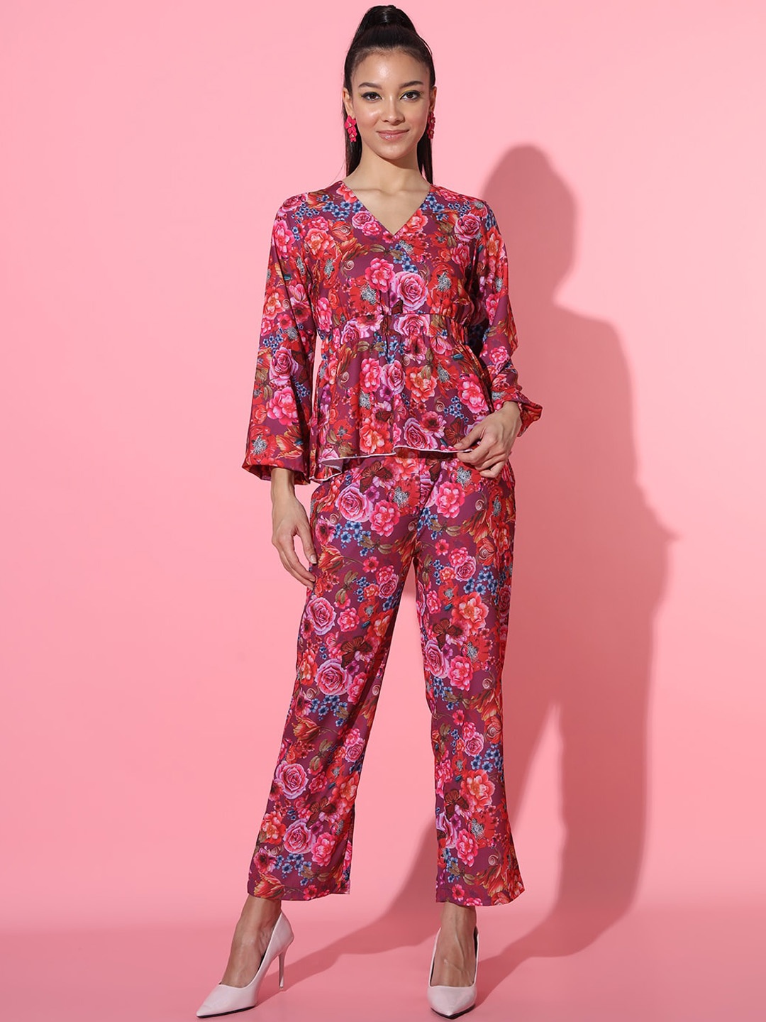 

ADDYVERO Floral Printed V-Neck Cuffed Sleeves Top & Trousers, Pink