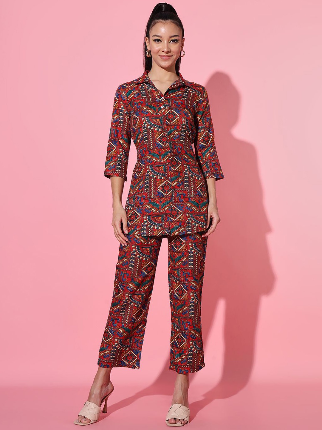

ADDYVERO Printed Top & Trousers Co-Ords Set, Red