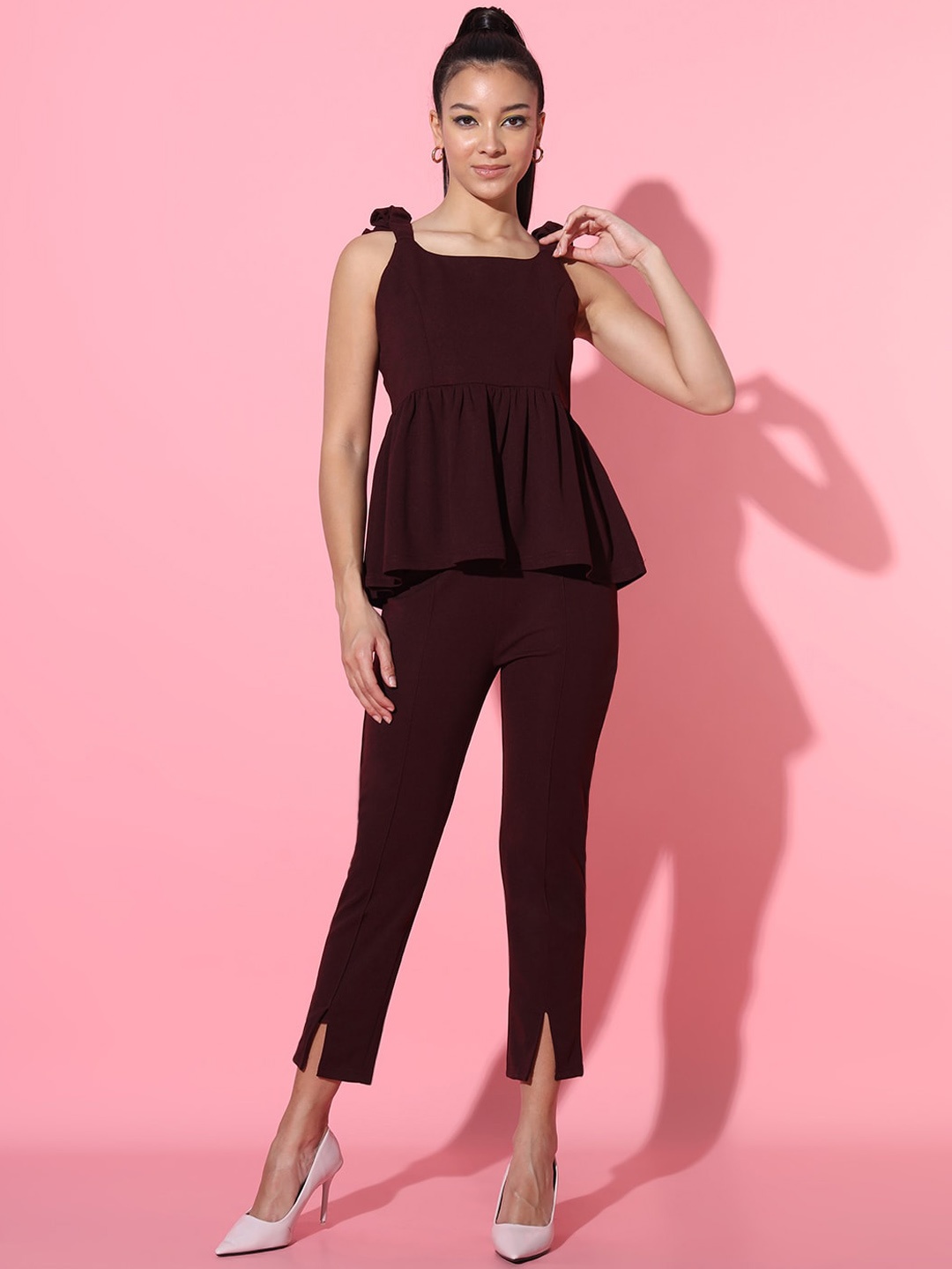 

ADDYVERO Shoulder Straps Peplum Top With Trouser, Maroon