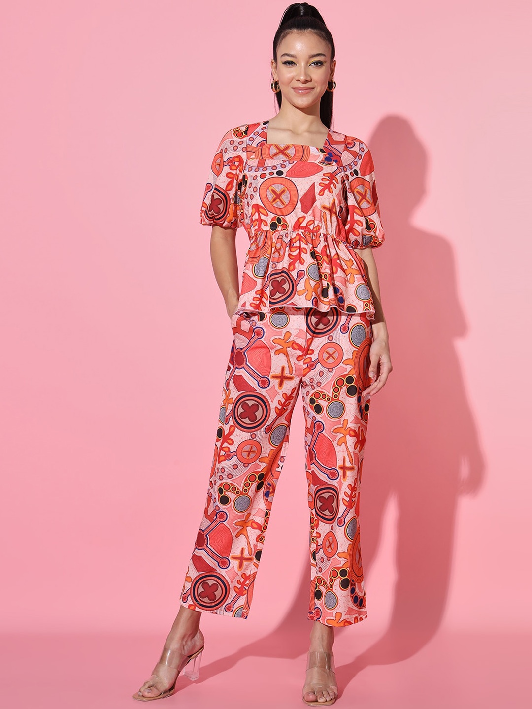 

ADDYVERO Printed Square Neck Puff Sleeve Top & Trousers, Cream