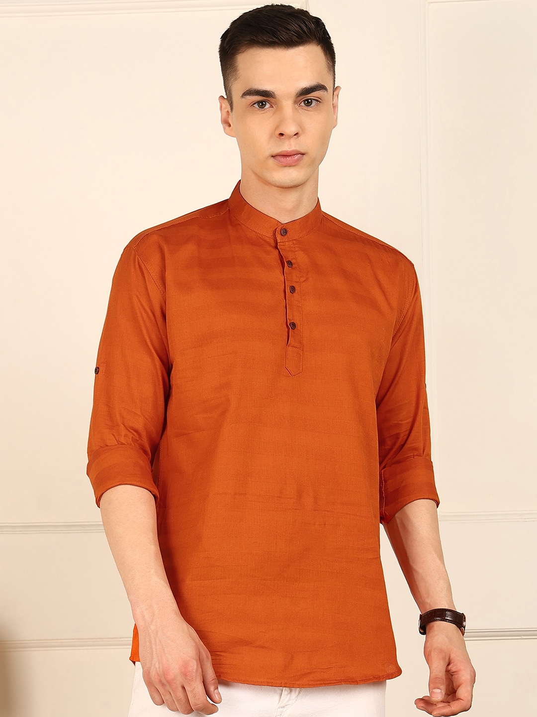 

FUBAR Striped Mandarin Collar Kurta, Orange