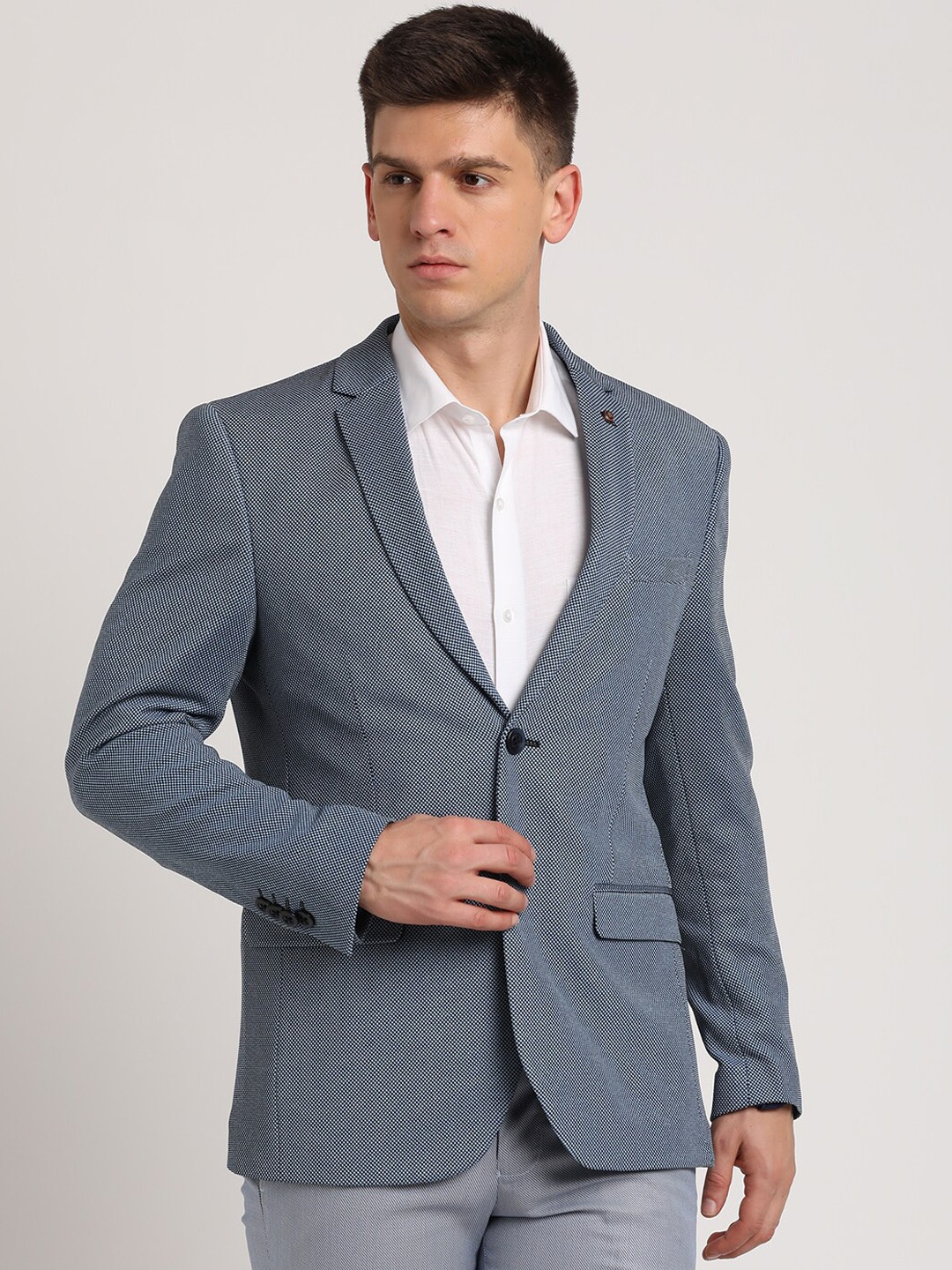 

Turtle Men Self-Design Single-Breasted Silm Fit Blazer, Grey