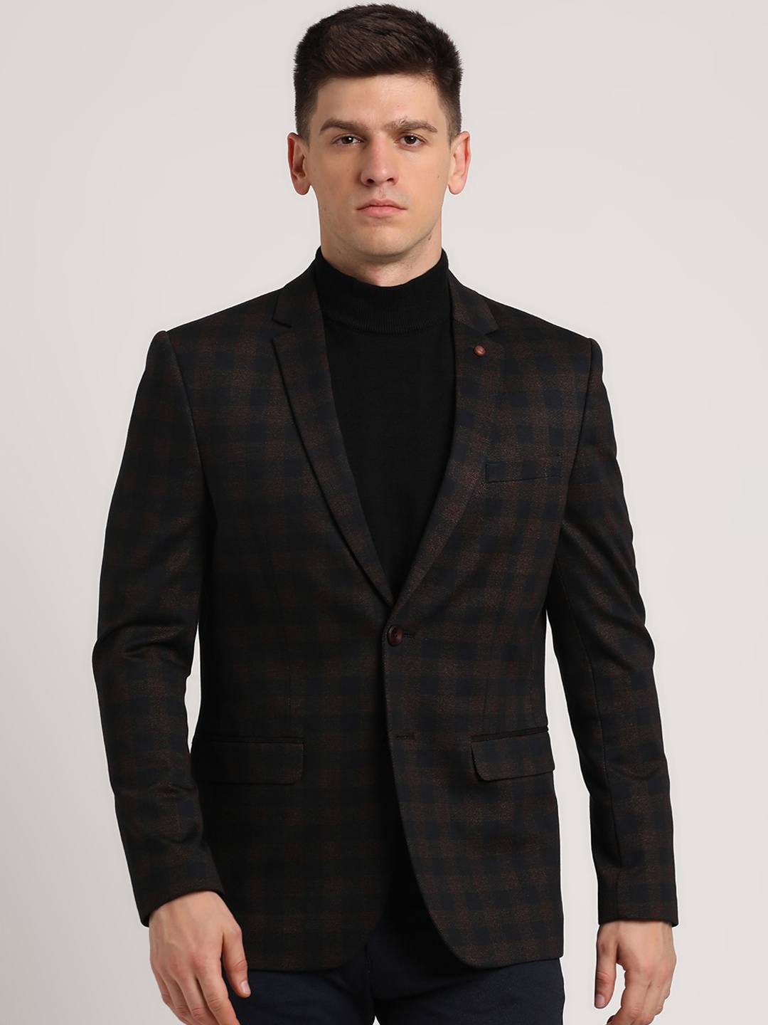 

Turtle Checked Slim-Fit Single Breasted Blazer, Brown