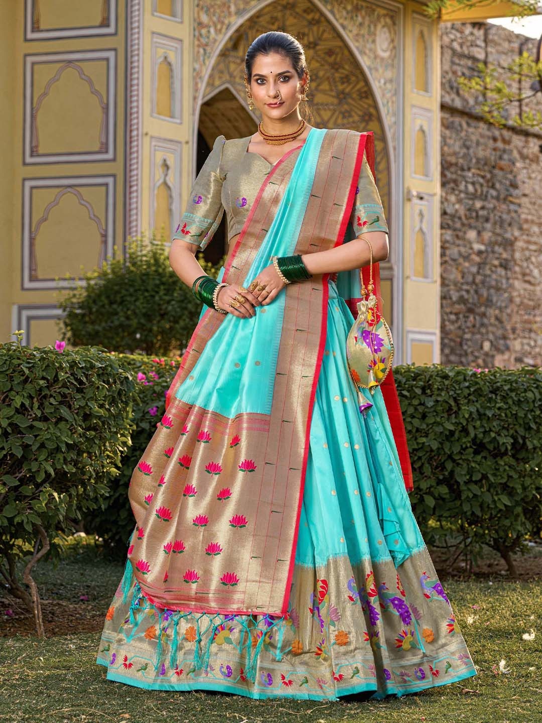 

LOOKNBOOK ART Woven Design Silk Semi Stitched Lehenga & Unstitched Blouse With Dupatta, Turquoise blue