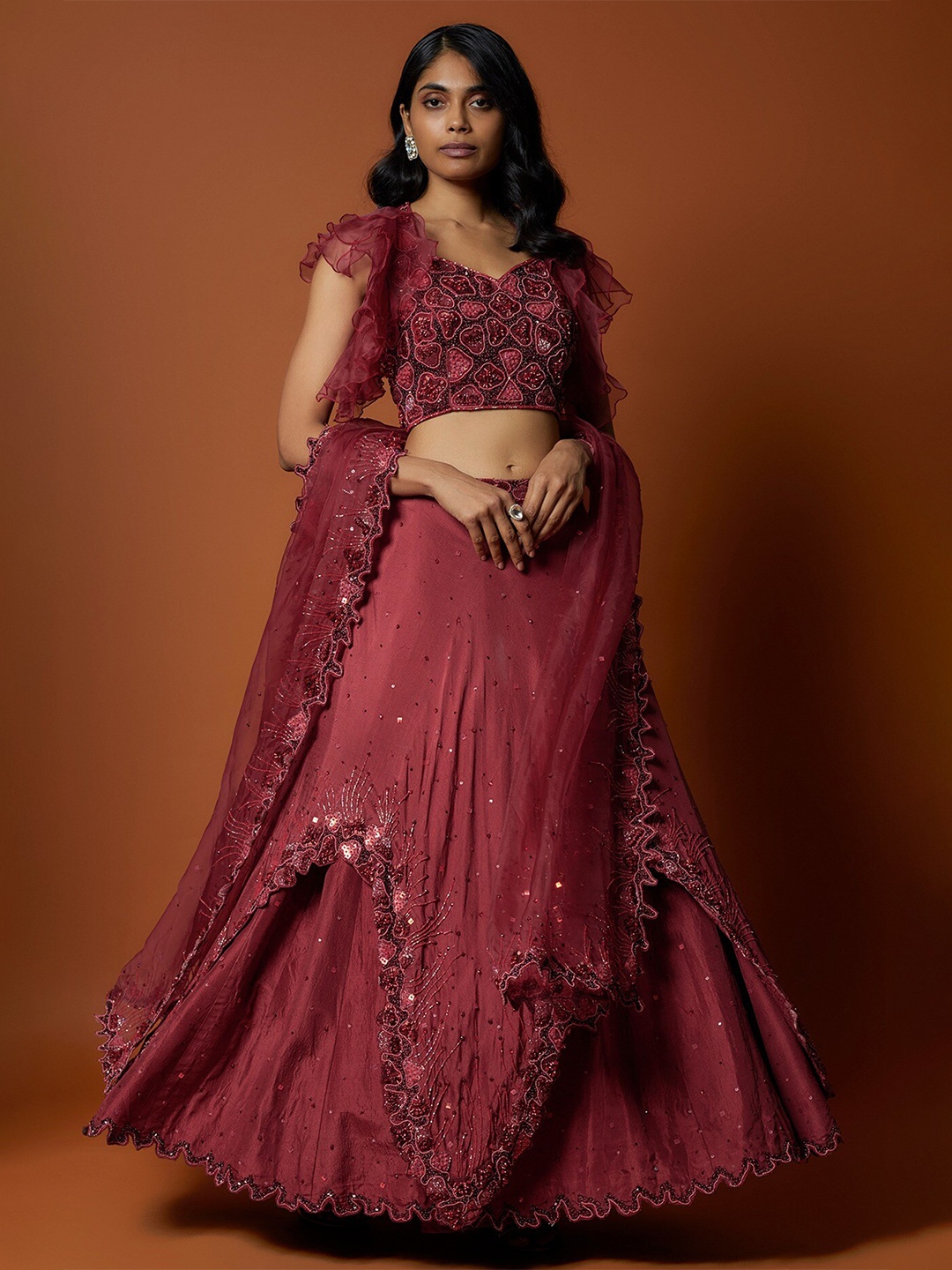 

Mehak Murpana Embellished Beads and Stones Ready to Wear Lehenga & Blouse With Dupatta, Red