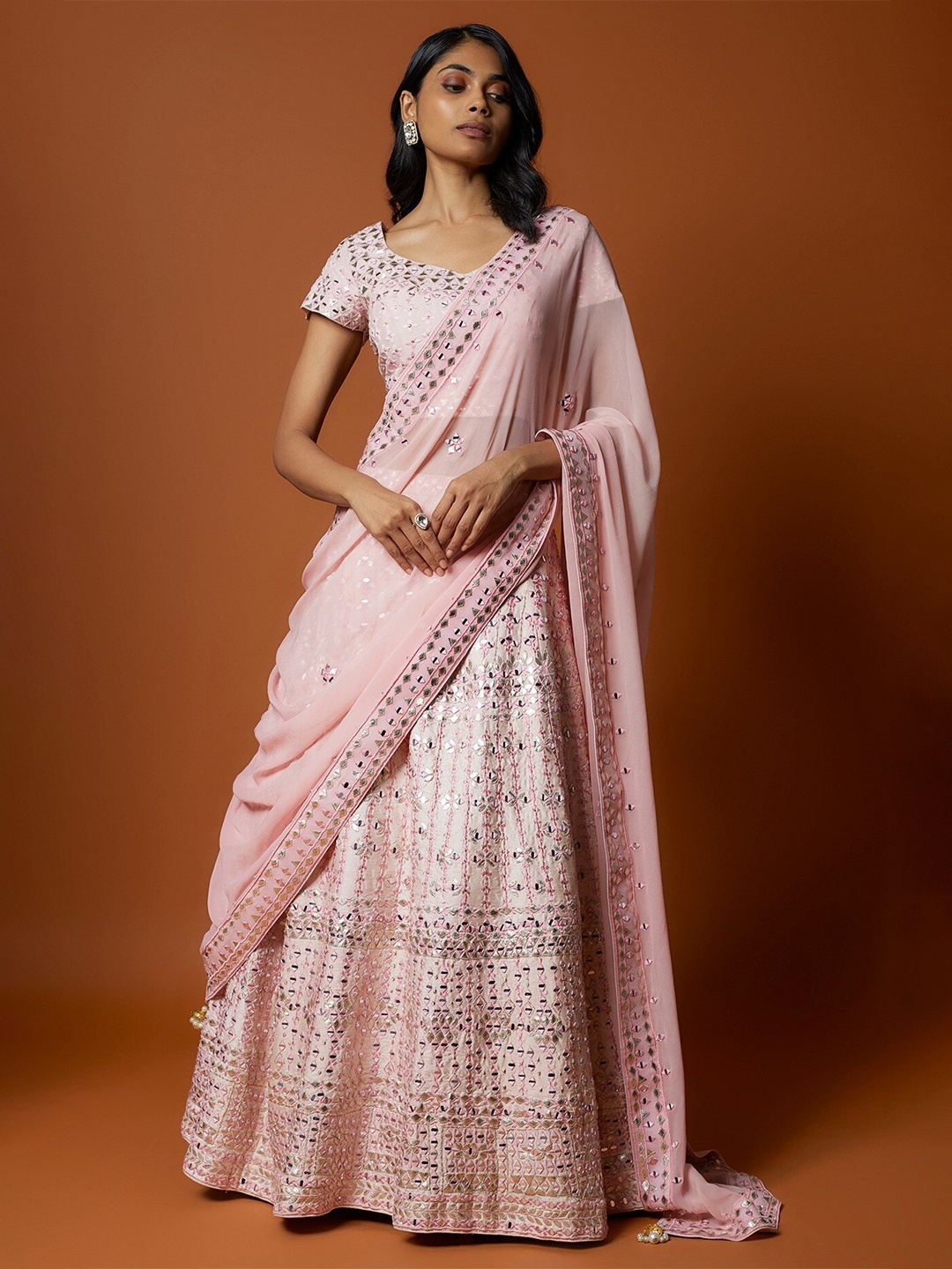 

Mehak Murpana Embroidered Mirror Work Ready to Wear Lehenga & Blouse With Dupatta, Pink