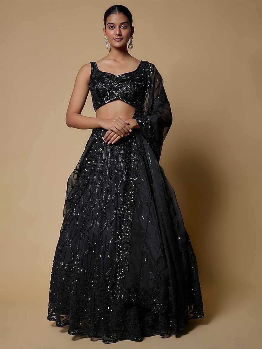

Mehak Murpana Embellished V-Neck Organza Ready to Wear Lehenga & Blouse With Dupatta, Black