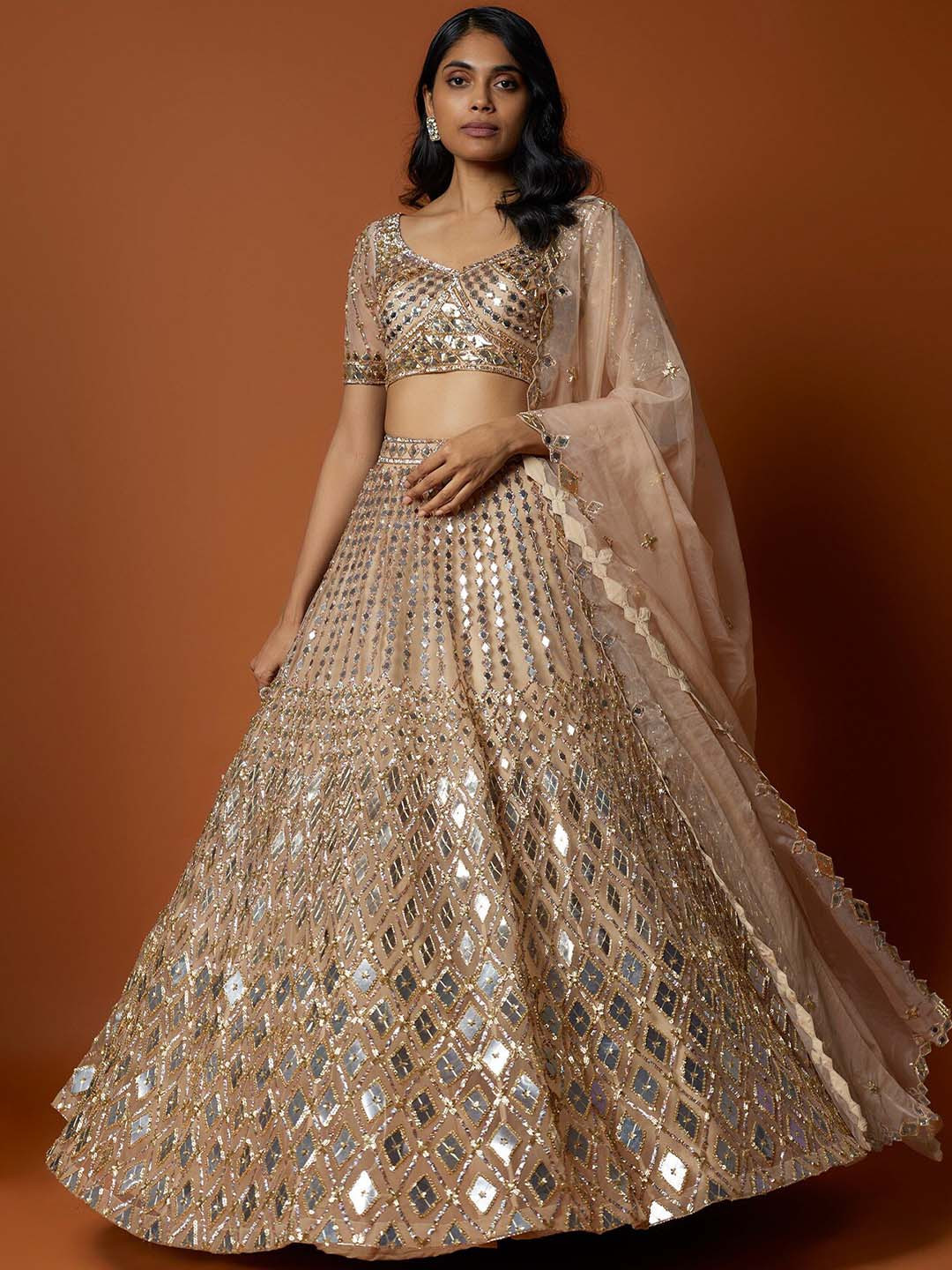 

Mehak Murpana Embellished Mirror Work Ready to Wear Lehenga & Blouse With Dupatta, Gold