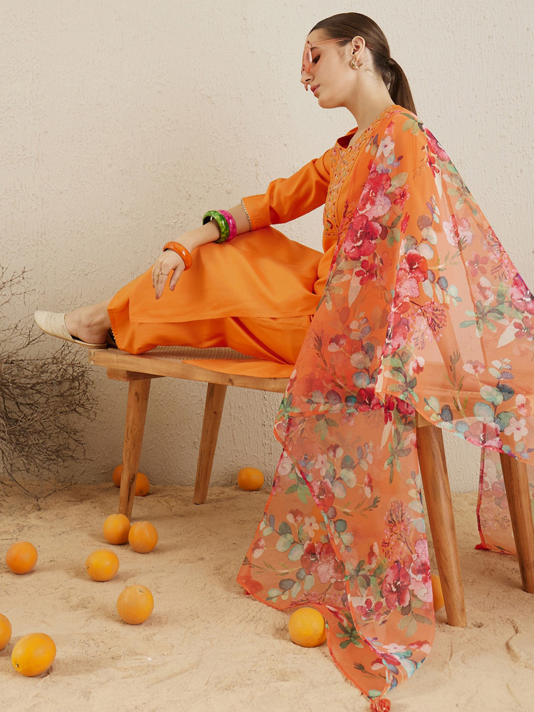 

Indo Era Floral Regular Thread Work Liva Straight Kurta with Trousers & Dupatta, Orange