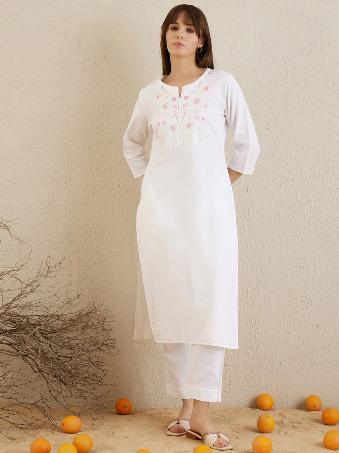 

Indo Era Floral Yoke Design Regular Thread Work Pure Cotton Kurta with Trouser, Off white