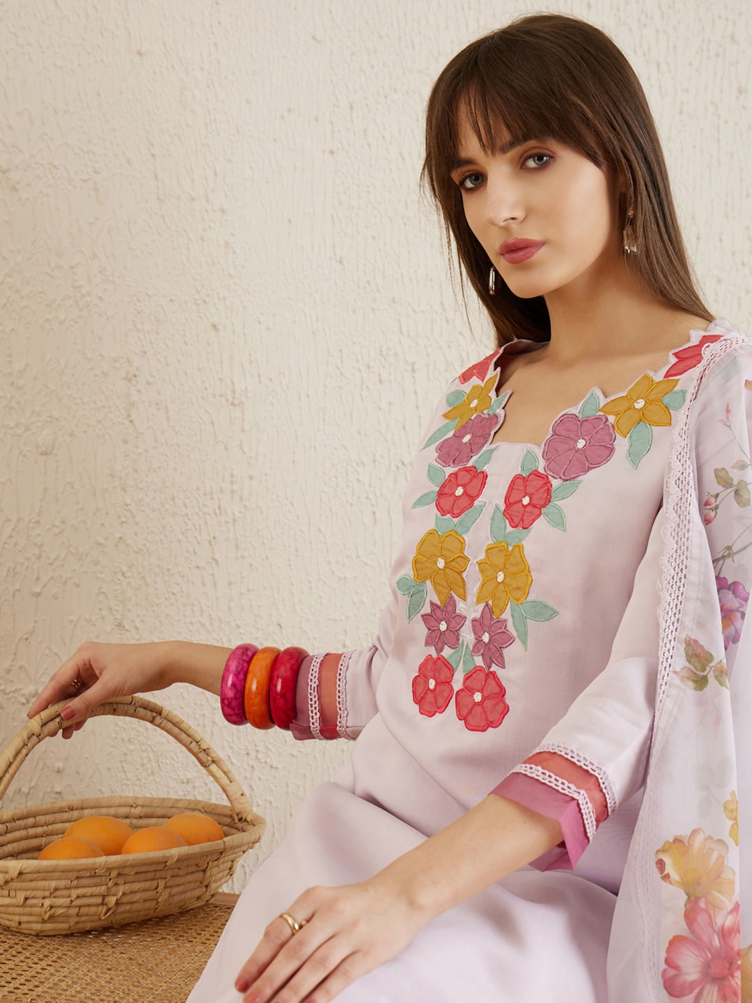 

Indo Era Floral Yoke Design Straight Kurta With Trousers & Dupatta, Lavender