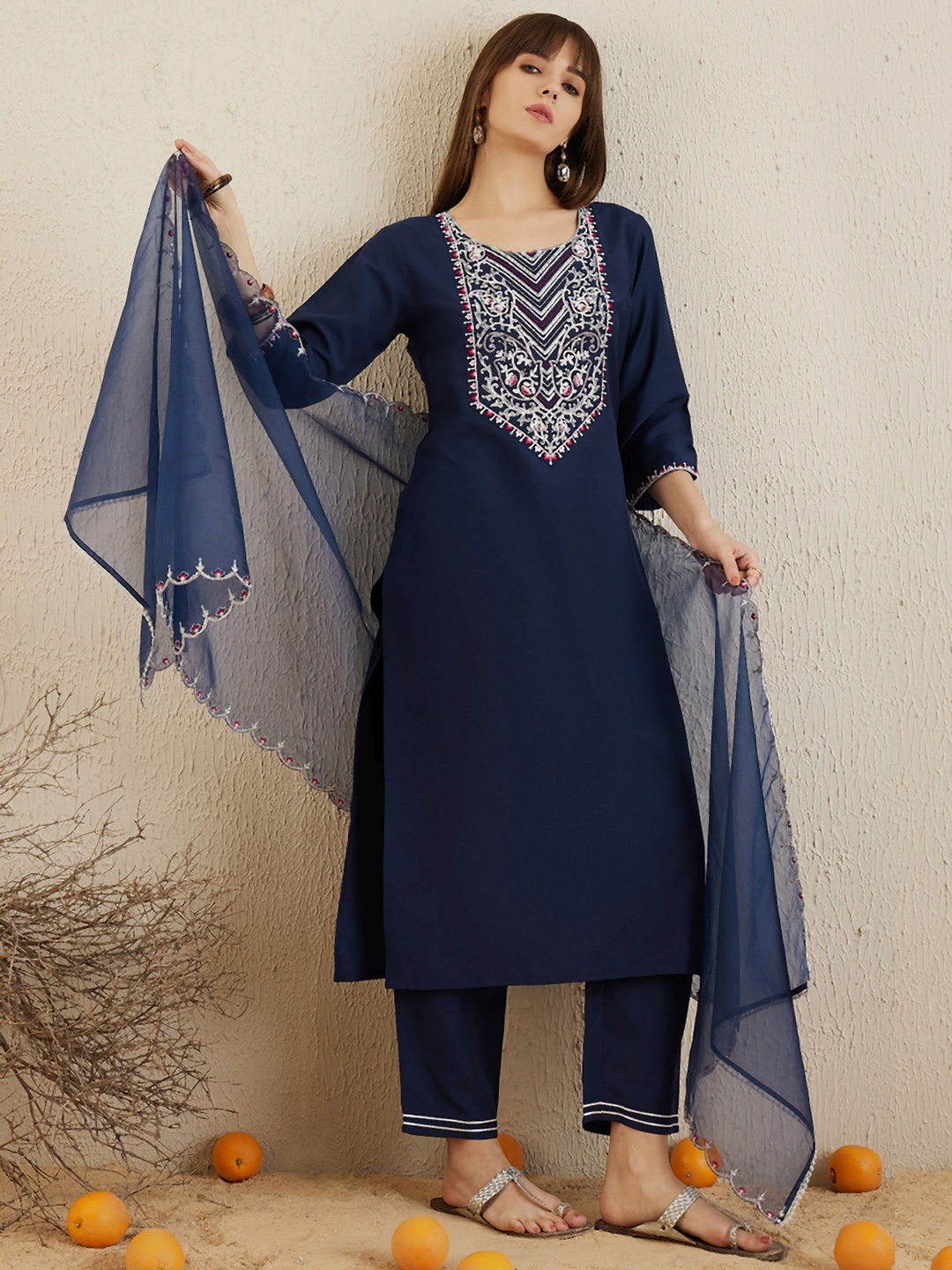 

Indo Era Ethnic Motifs Yoke Design Round Neck Thread Work Kurta with Trousers & Dupatta, Navy blue