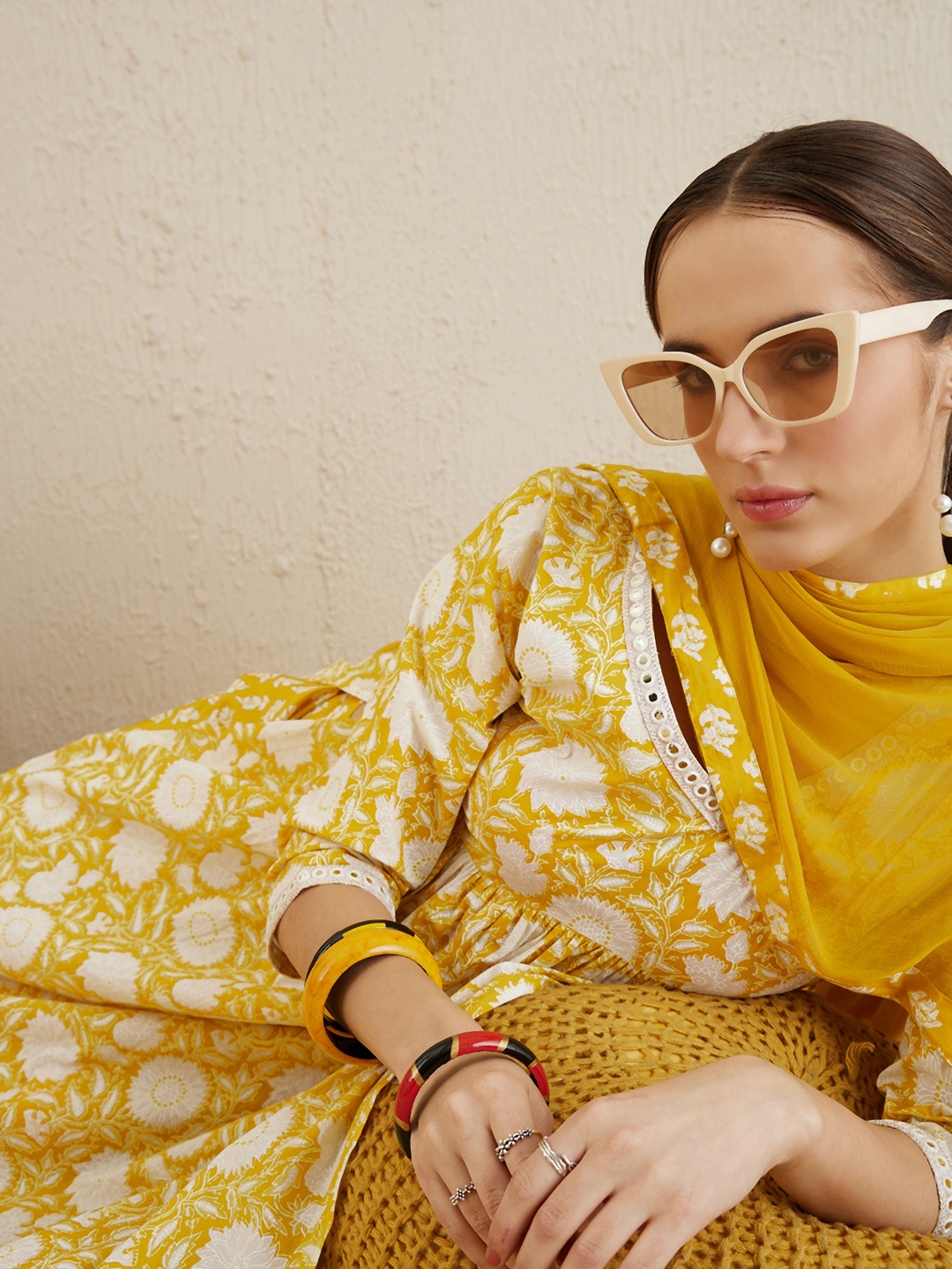 

Indo Era Floral Printed Mirror Work Pure Cotton A-Line Kurta with Trousers & Dupatta, Yellow