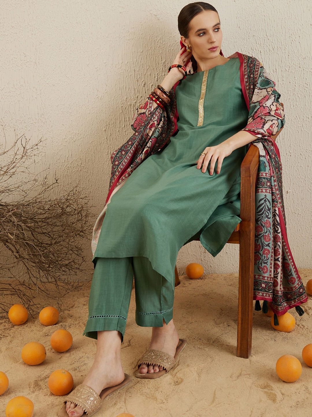 

Indo Era Yoke Design Regular Gotta Patti Kurta with Trousers & Dupatta, Sea green