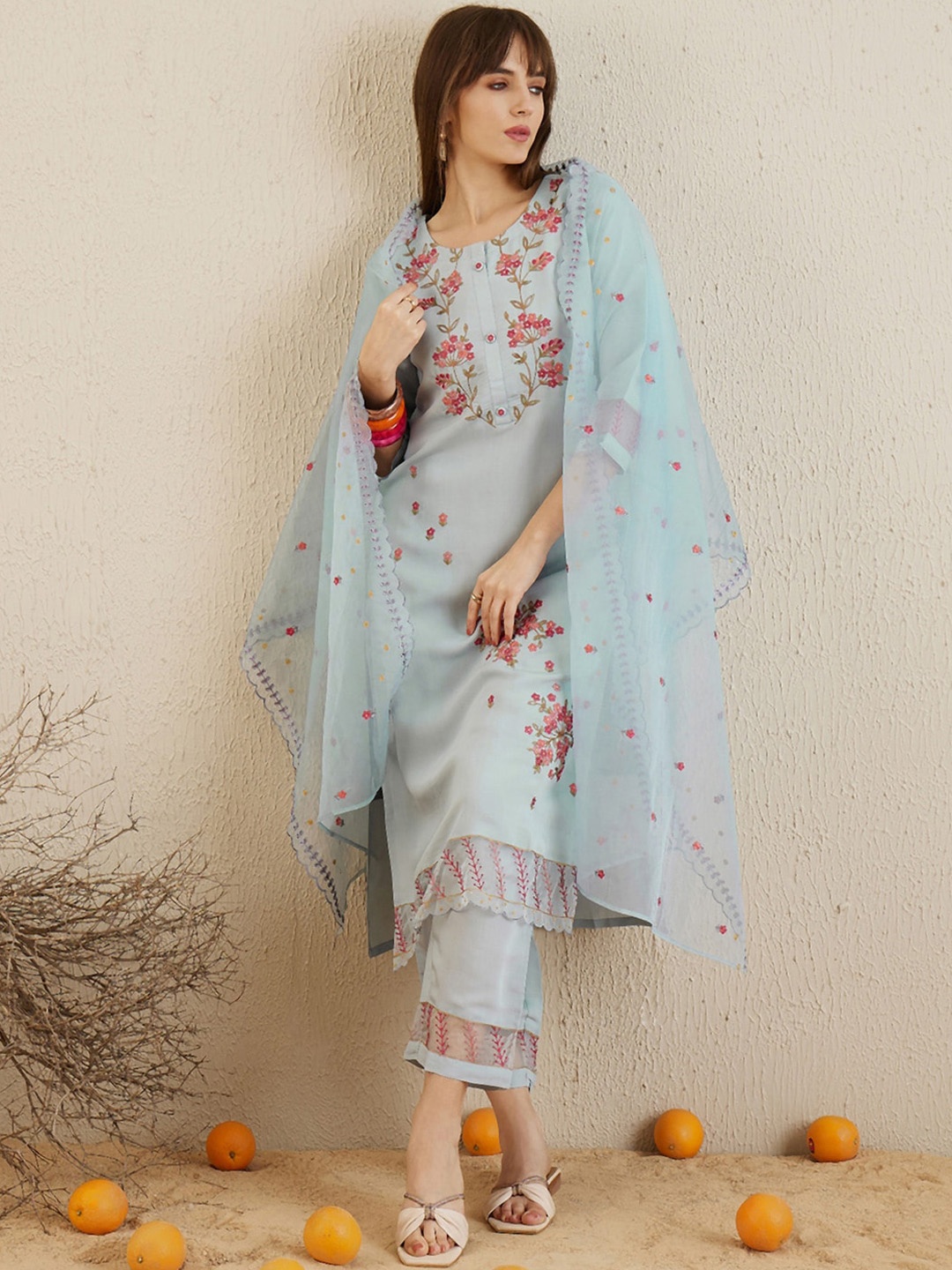 

Indo Era Floral Embroidered Round Neck Thread Work Kurta with Trousers & With Dupatta, Blue