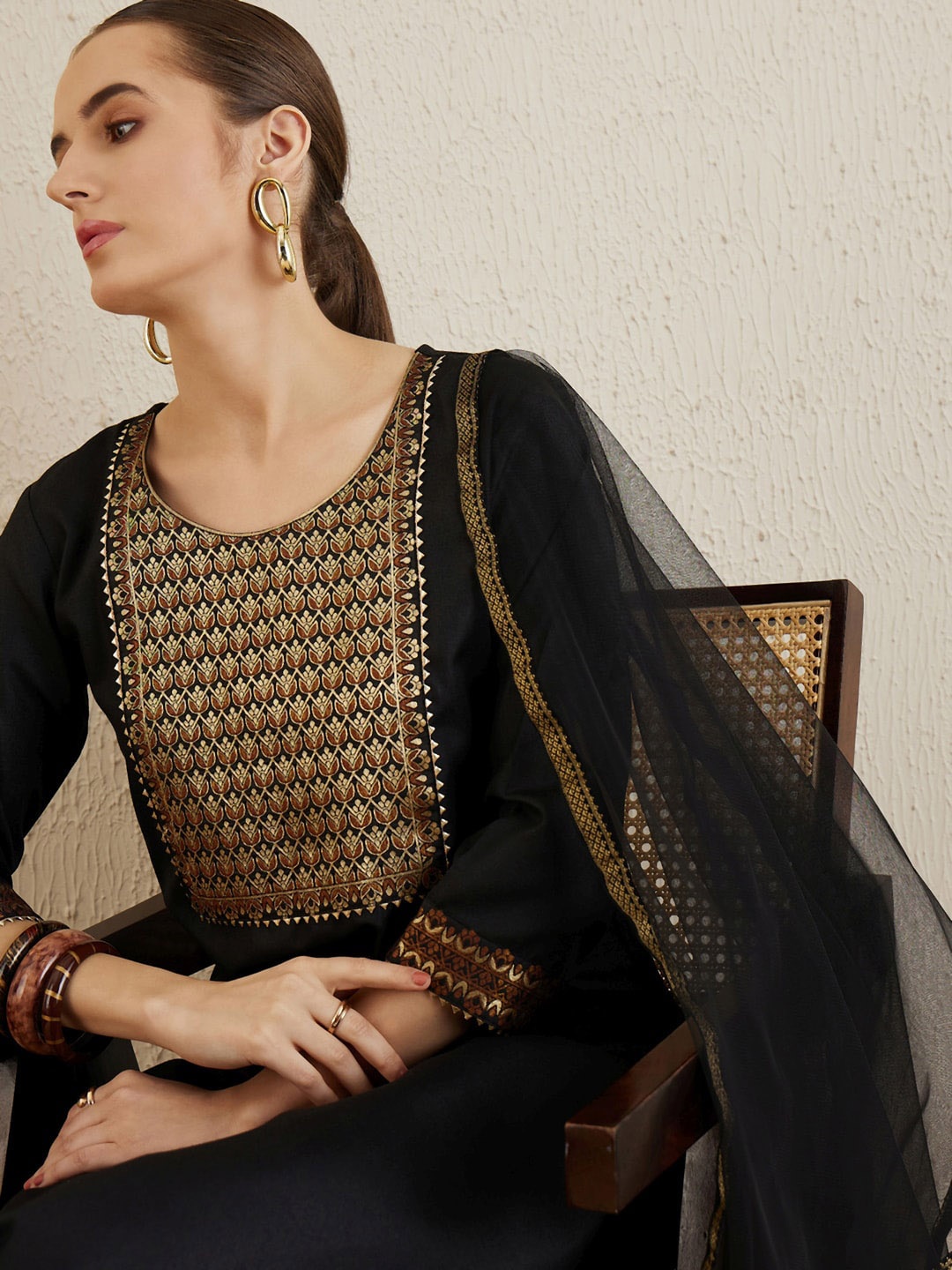 

Indo Era Ethnic Motifs Yoke Design Regular Pure Cotton Kurta with Trousers & Dupatta, Black