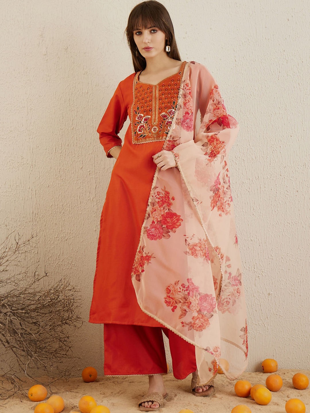 

Indo Era Floral Yoke Design Regular Pure Cotton Kurta with Palazzos & Dupatta, Orange