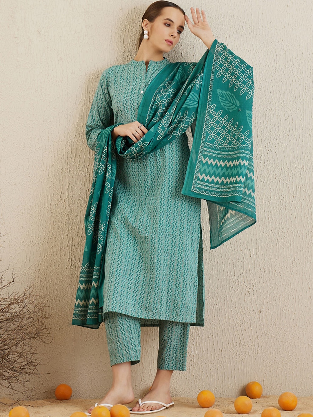 

Indo Era Chevron Printed Mandarin Collar Pure Cotton Kurta with Trousers & With Dupatta, Blue