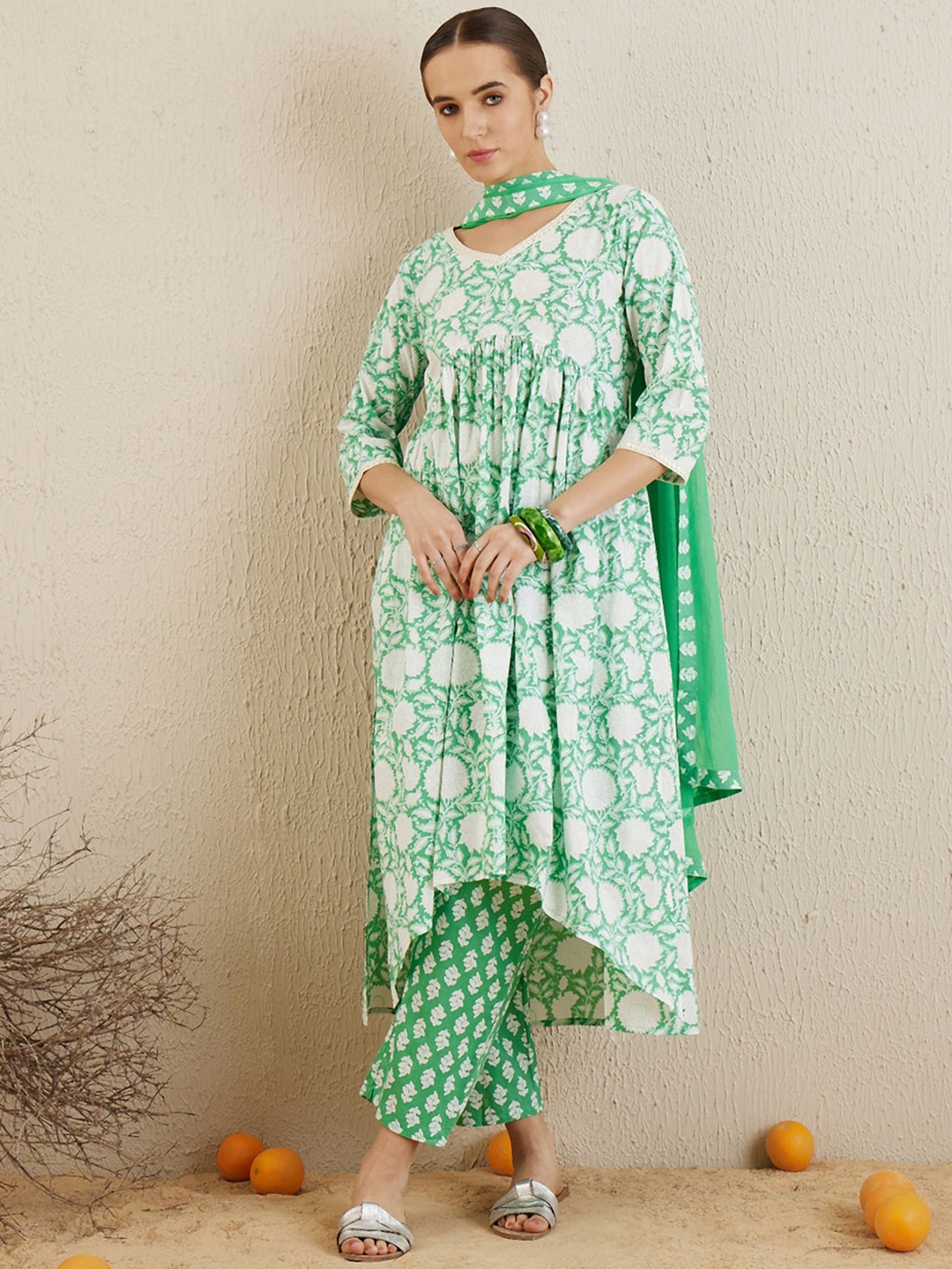 

Indo Era Floral Printed Empire Mirror Work Pure Cotton Kurta with Trousers & Dupatta, Green