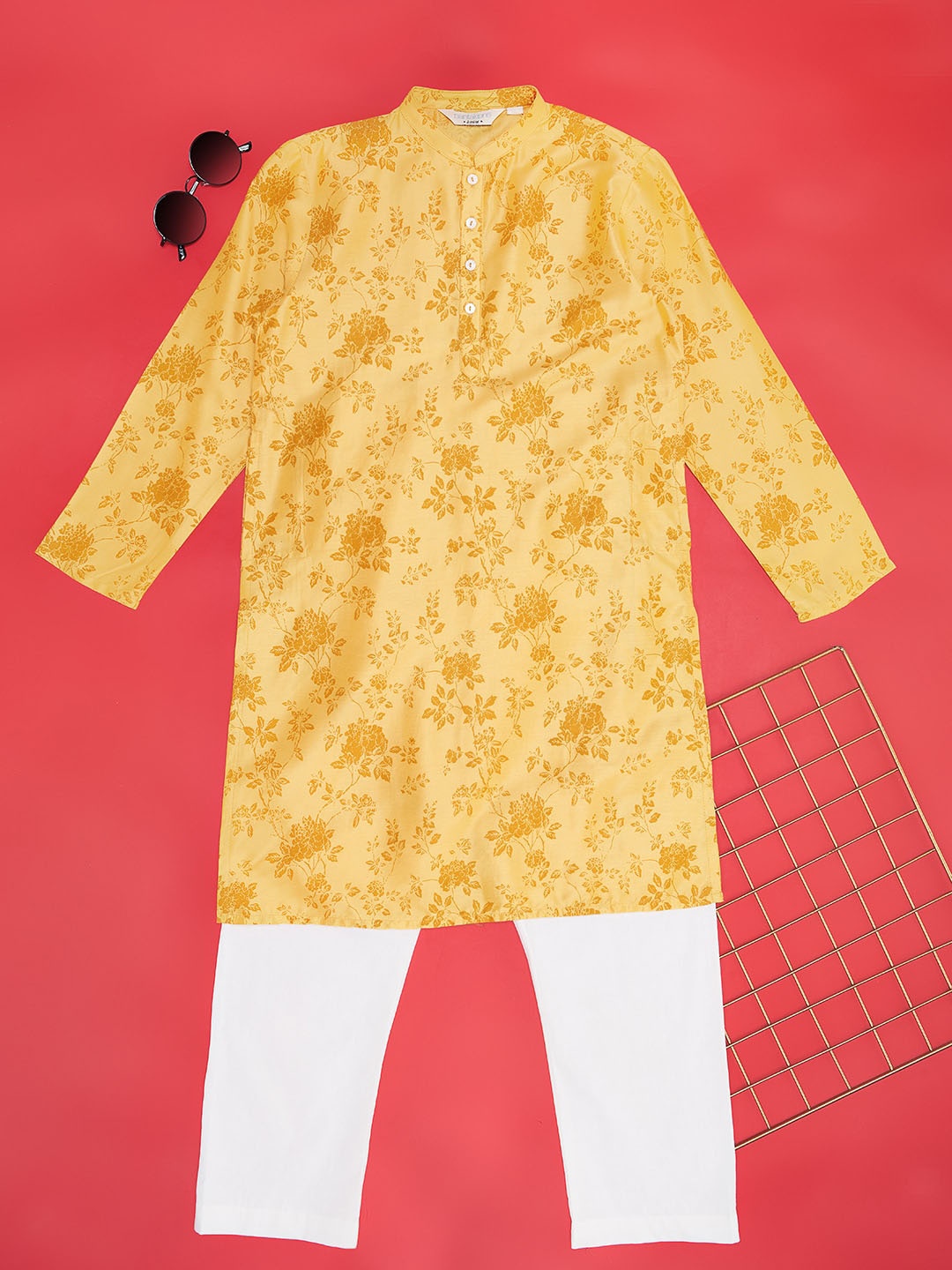 

indus route by Pantaloons Boys Floral Mandarin Collar Long Sleeves Kurta with Pyjamas, Mustard