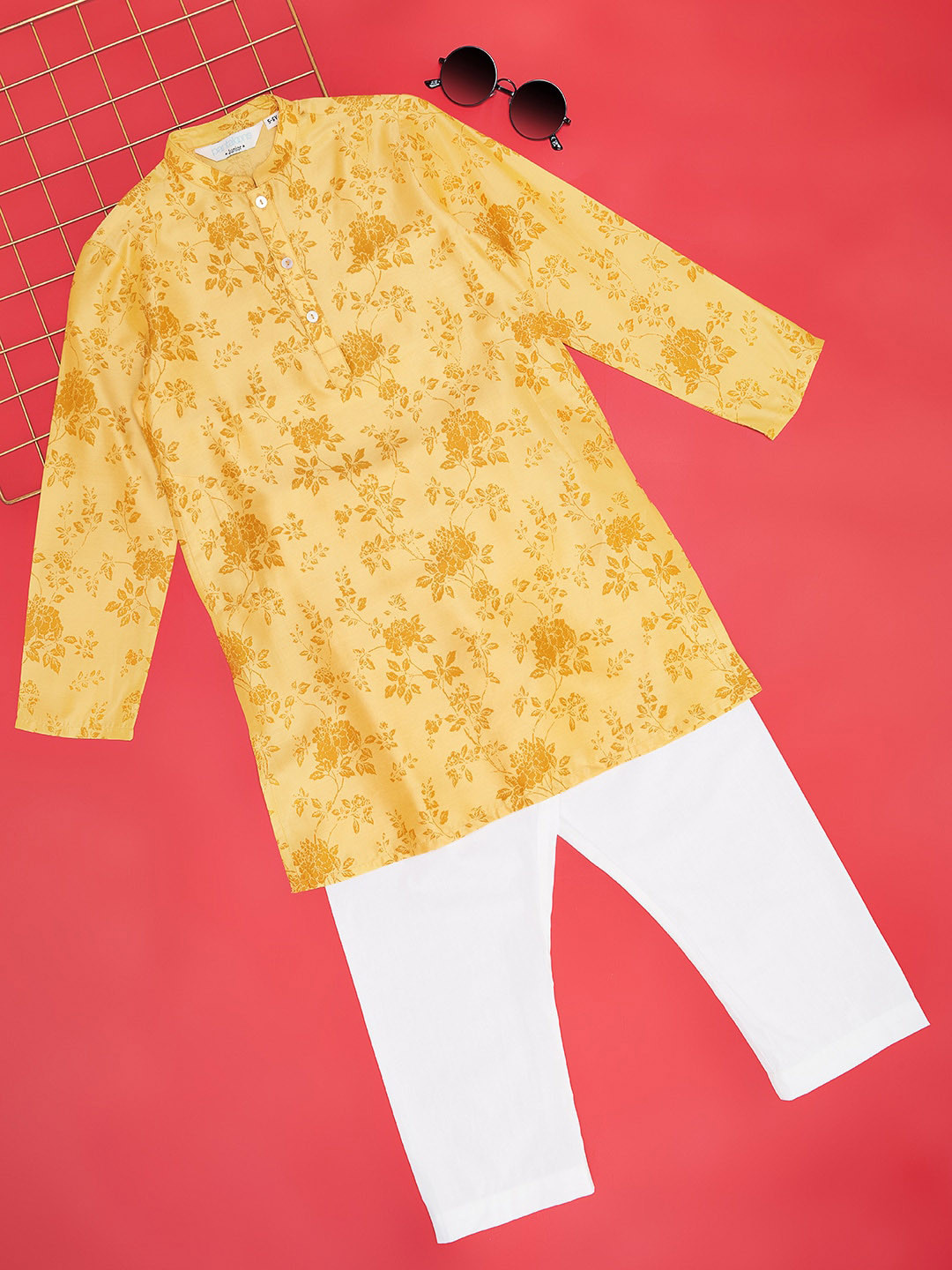 

indus route by Pantaloons Boys Floral Printed Mandarin Collar Long Sleeves Kurta Set, Mustard