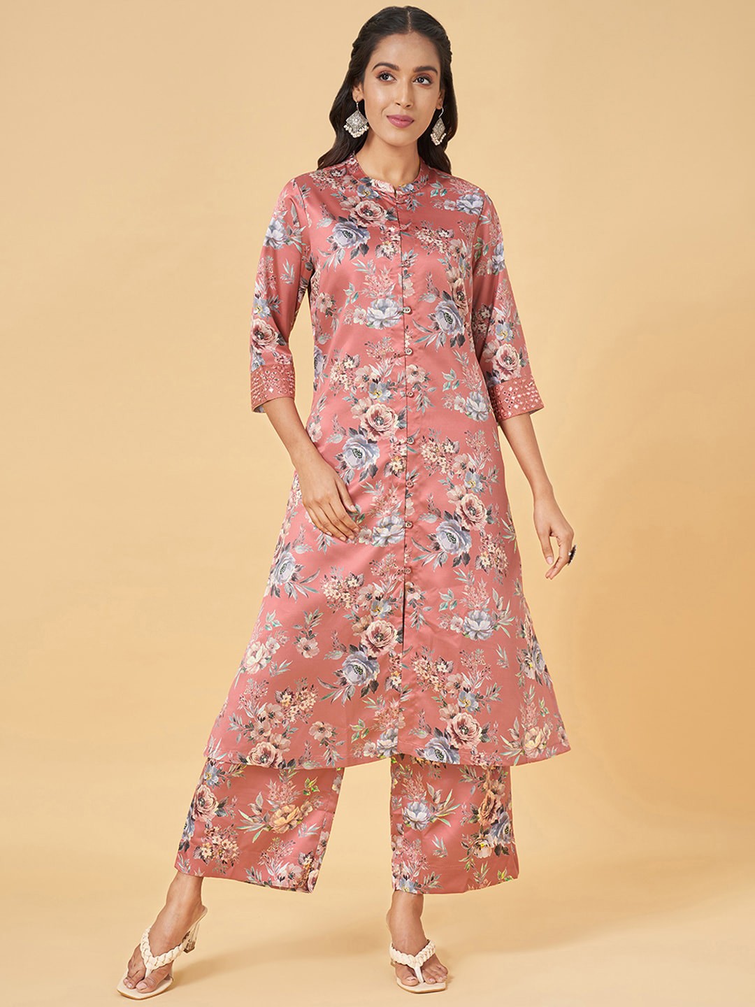

RANGMANCH BY PANTALOONS Mandarin Collar Floral Printed Regular Kurta Set, Pink