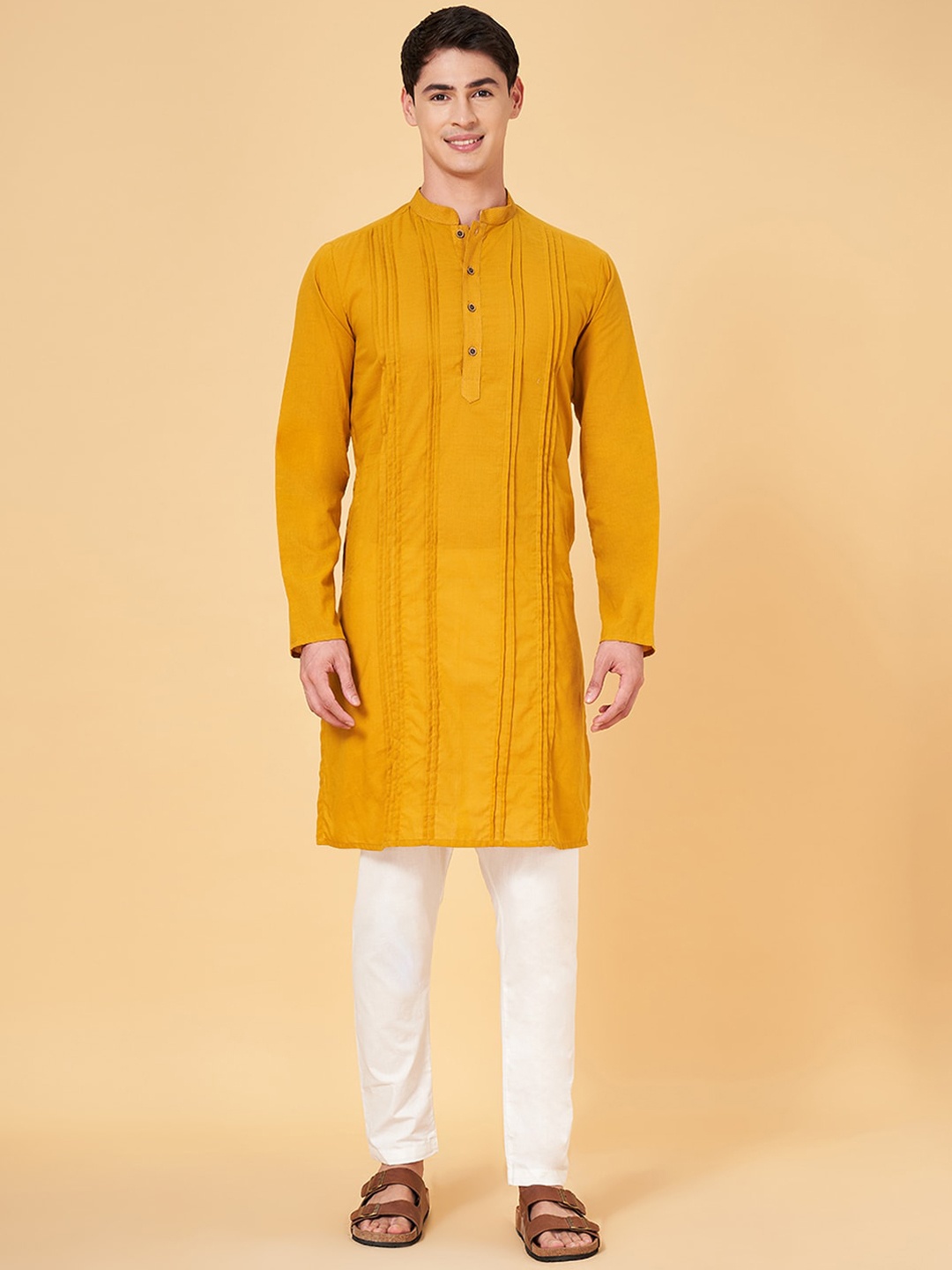 

indus route by Pantaloons Striped Mandarin Collar Long Sleeves Cotton Kurta, Yellow