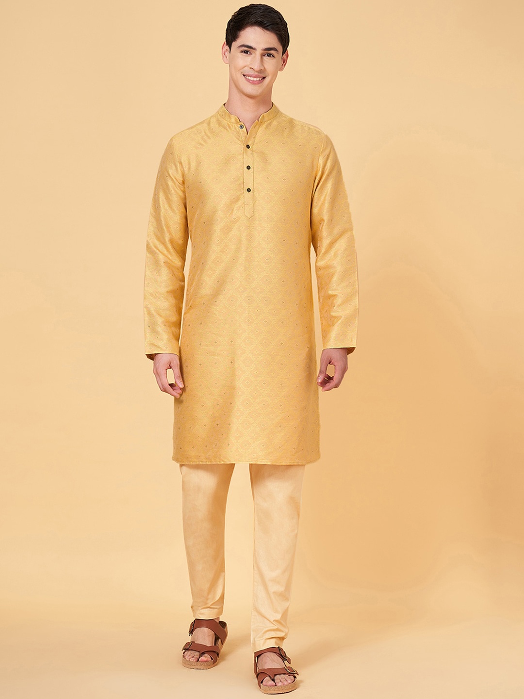 

indus route by Pantaloons Ethnic Motifs Mandarin Collar Long Sleeves Pathani Kurta, Yellow