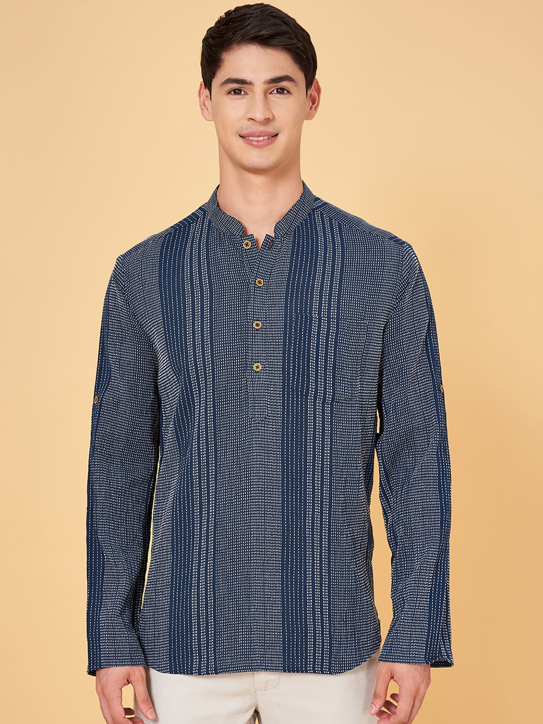 

indus route by Pantaloons Striped Dobby Pathani Kurta, Teal