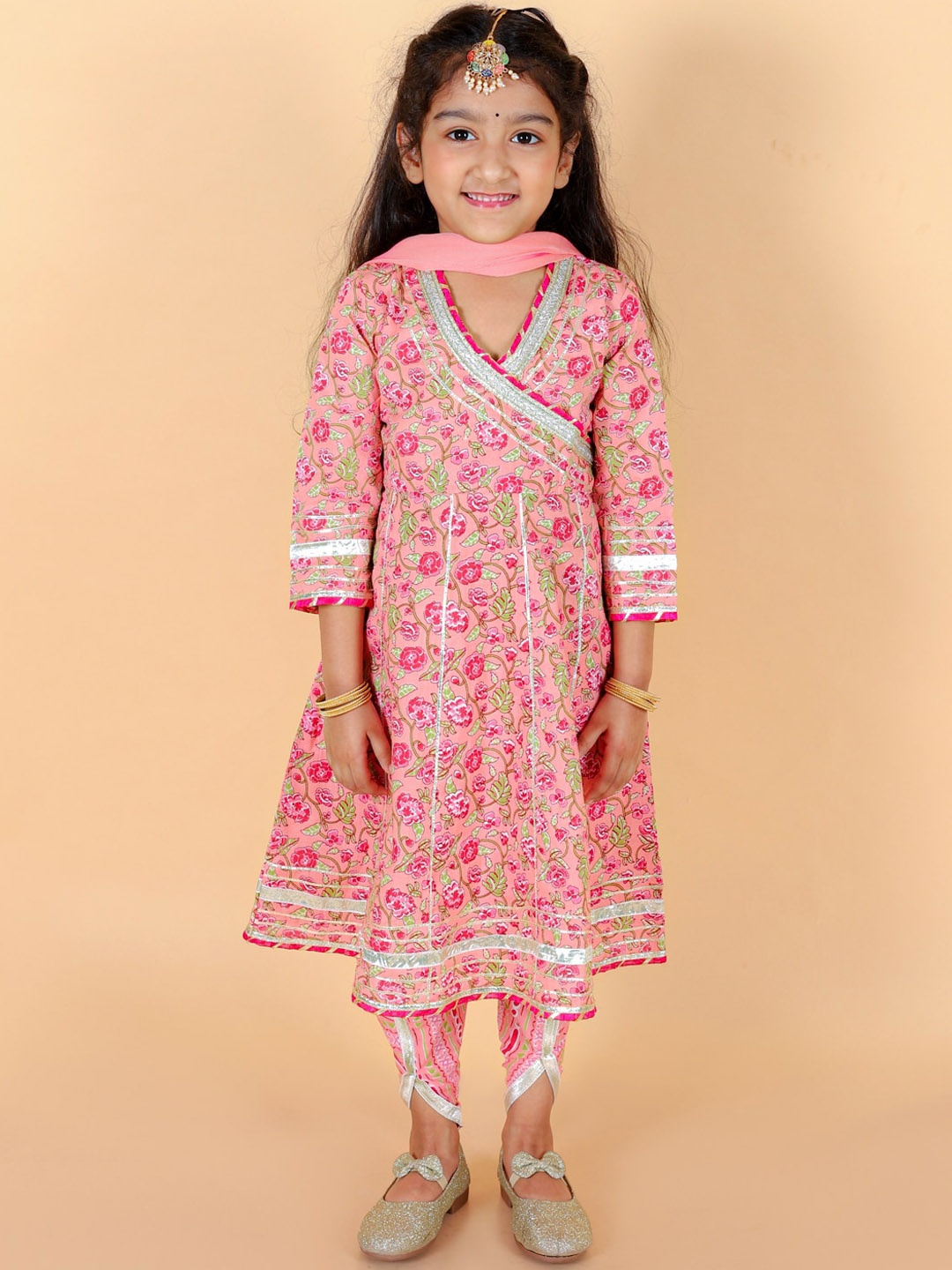 

Stuffie Land Girls Floral Printed Angrakha Pure Cotton Kurta with Salwar & Dupatta, Pink